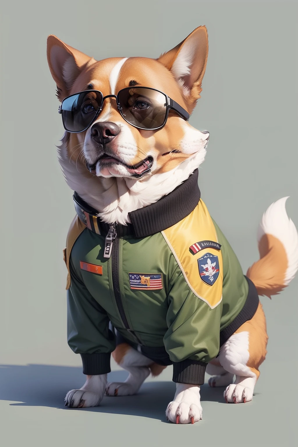 brightly colored dog wearing sunglasses and a jacket, estilo de arte vetorial, in illustration style digital, olhando heckin legal e elegante, design do cachorro , Artista peludo, Awesome, arte vibrante dos desenhos animados, arte HD, Estilo contornado, usando roupas militar, fantastic artstyle, cachorro com roupa de militar, desenho para camiseta, estampa camiseta