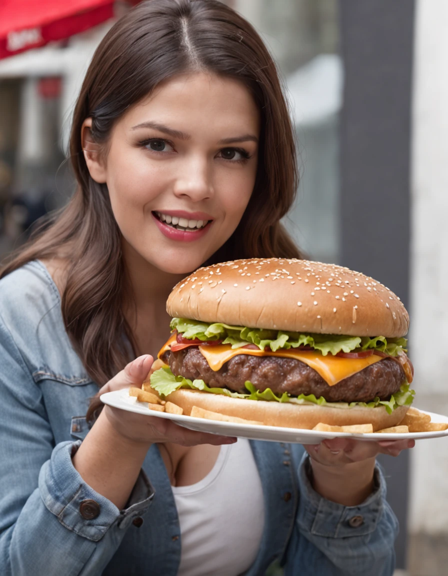 mulher extremamente obesa, sobrepeso, obeso, mulher gorda, obesa, , morbidly obese, com excesso de peso, plus size, obeso pesando mais de 200 quilogramas, visivelmente surpresa e encantada, holding a giant Burger that is clearly larger than his own arm. Your eyes are wide open, expressing a mixture of shock and admiration as she holds the end of the Burger, that extends beyond your shoulders. Her hands are delicately resting on the surface of the Burger, and his mouth is half-open in an expression of genuine surprise. The scene captures the moment when she is discovering and reacting to the extraordinary presence of the Giant Burger, radiating fascination and wonder at the unusual proportions of the Hamburger