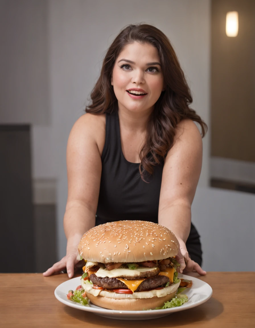mulher extremamente obesa, sobrepeso, obeso, mulher gorda, obesa, , morbidly obese, com excesso de peso, plus size, obeso pesando mais de 200 quilogramas, visivelmente surpresa e encantada, holding a giant Burger that is clearly larger than his own arm. Your eyes are wide open, expressing a mixture of shock and admiration as she holds the end of the Burger, that extends beyond your shoulders. Her hands are delicately resting on the surface of the Burger, and his mouth is half-open in an expression of genuine surprise. The scene captures the moment when she is discovering and reacting to the extraordinary presence of the Giant Burger, radiating fascination and wonder at the unusual proportions of the Hamburger