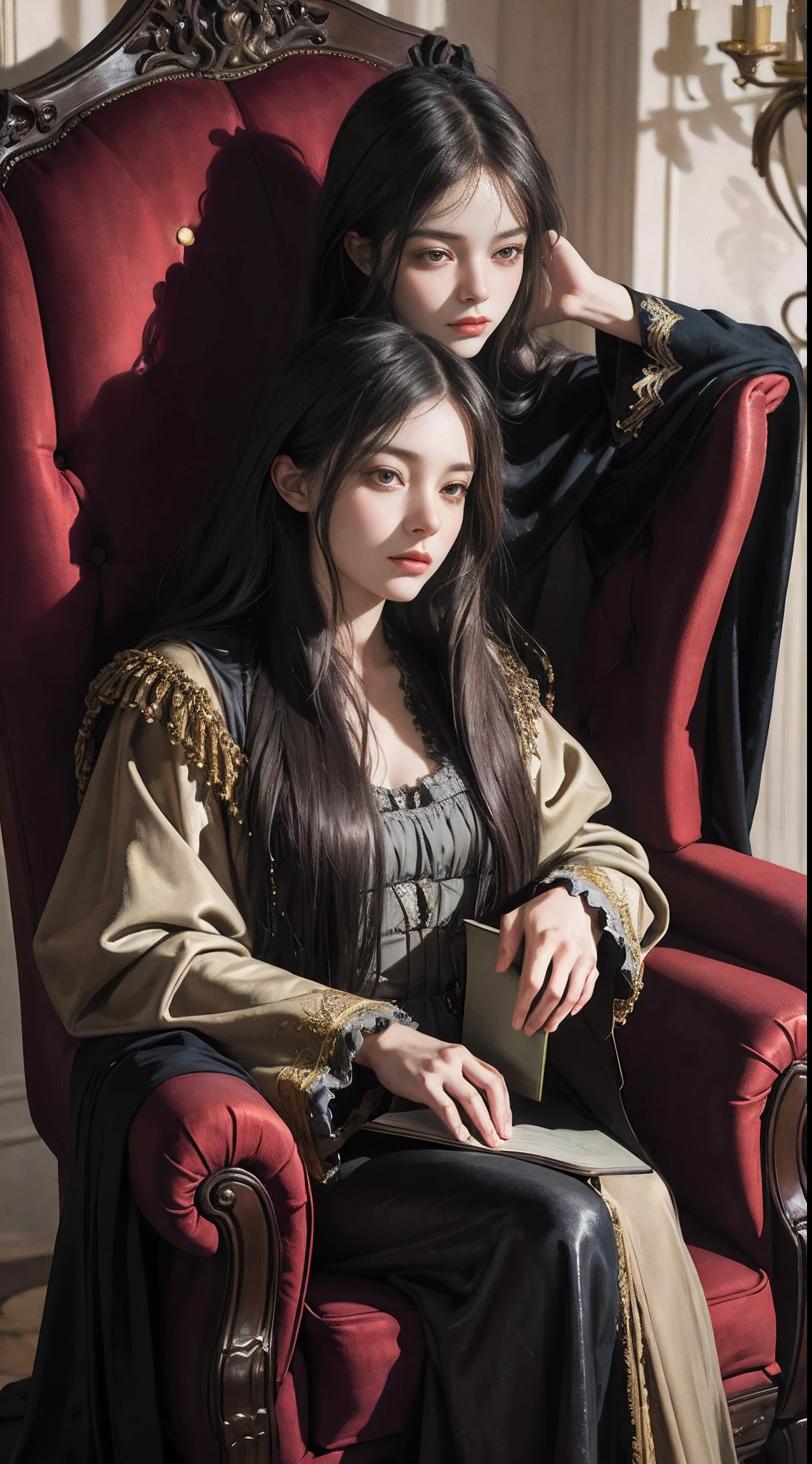 Oil painting of young woman with long hair in velvet dressing gown sitting on tall wingback chair reading a big book, In the Gothic library, Dark dramatic lighting, Deep Shadows, Classic color palette, ultra-detailliert, Elegant, Fine Art, Evocative,Gustave Moreau, Sargent, Alphonse Mucha, abstract expressionism