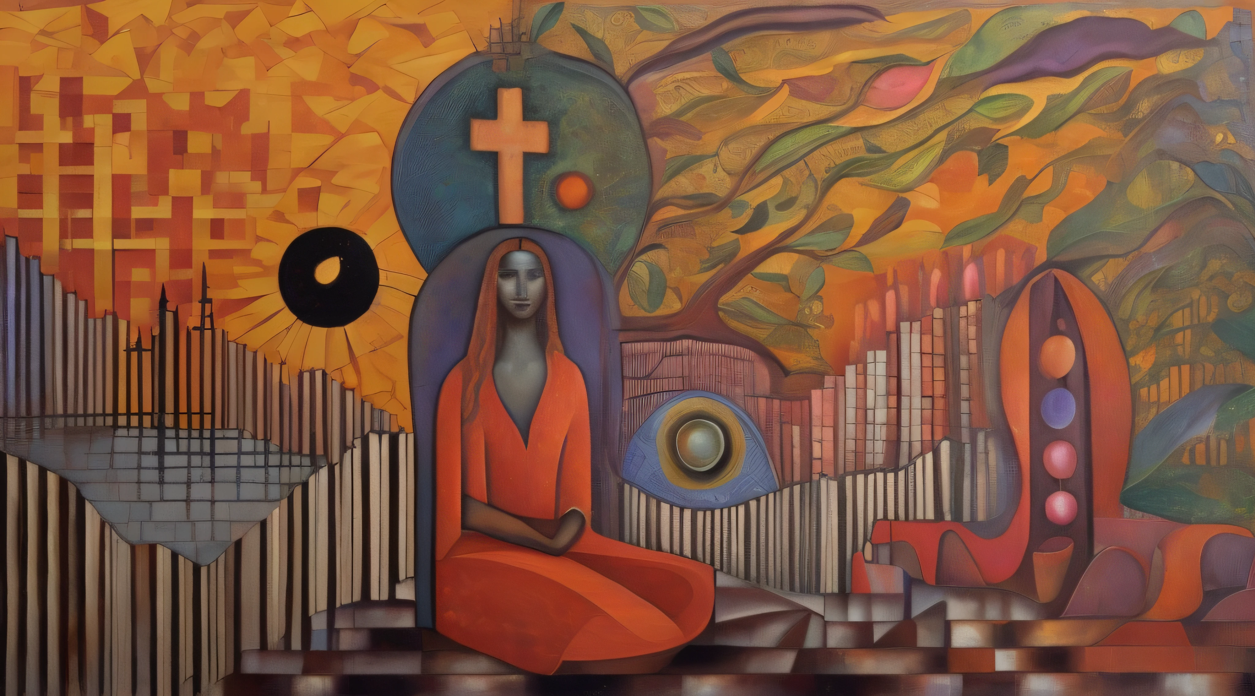 painting of a woman sitting in a chair with a cross on her shoulder, by Noe Canjura, by Zoran Mušič, visionary painting, by Candido Bido, inspired by Mati Klarwein, by Ingrida Kadaka, inspired by Bhupen Khakhar, inspired by Ivan Generalić, inspired by Ismael Nery