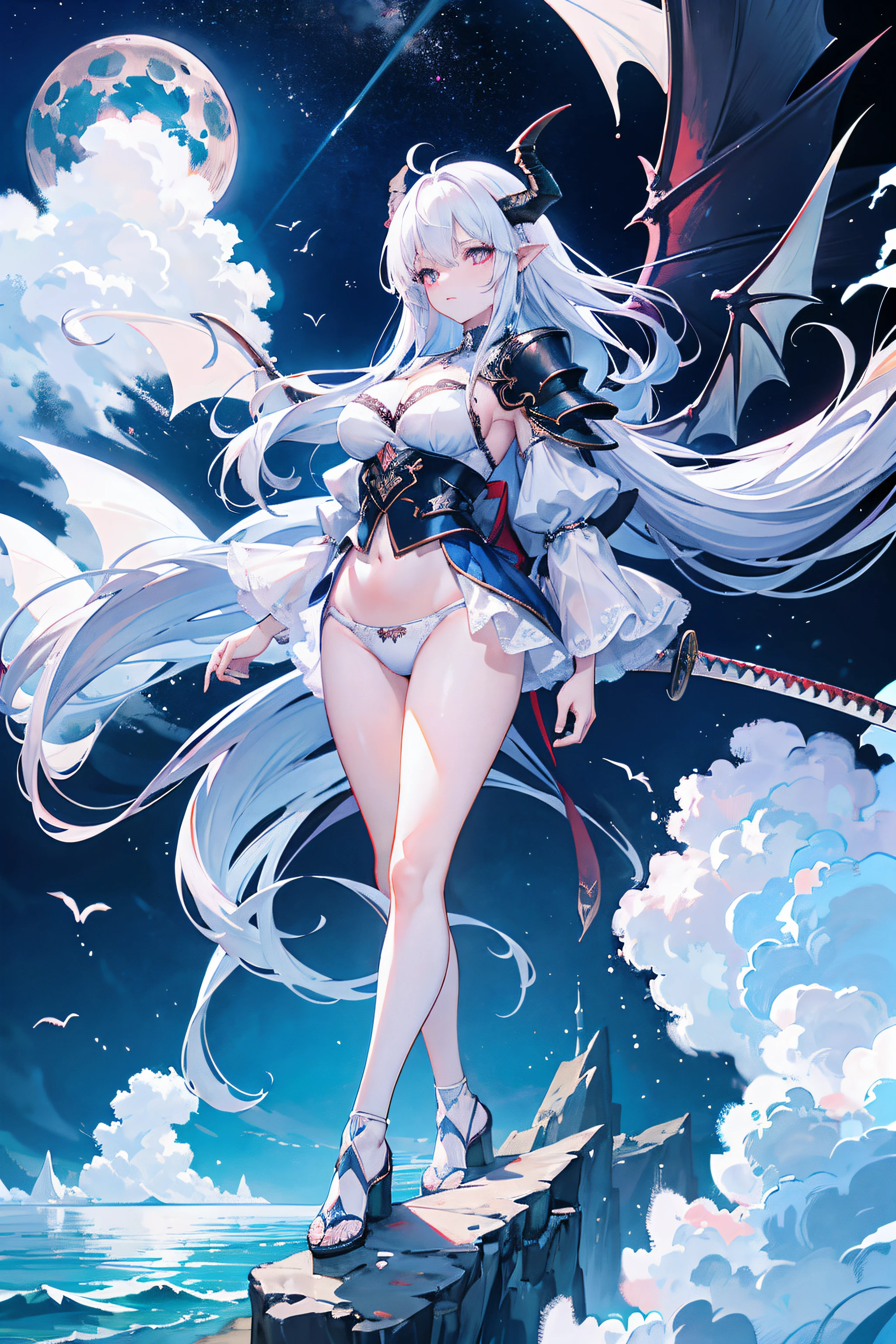1 has huge dragon wings,Huge dragon horns,Girl with huge dragon tail standing on the sea,Ultra realistic sea background,Hyper-realistic moon background,Hold an extra-long katana in a fitting position,Dressed in gorgeous armor,White lace panties are exposed,Blue-and-white hair,Light blue color glowing eyes,Divine moonshine,highest quality,