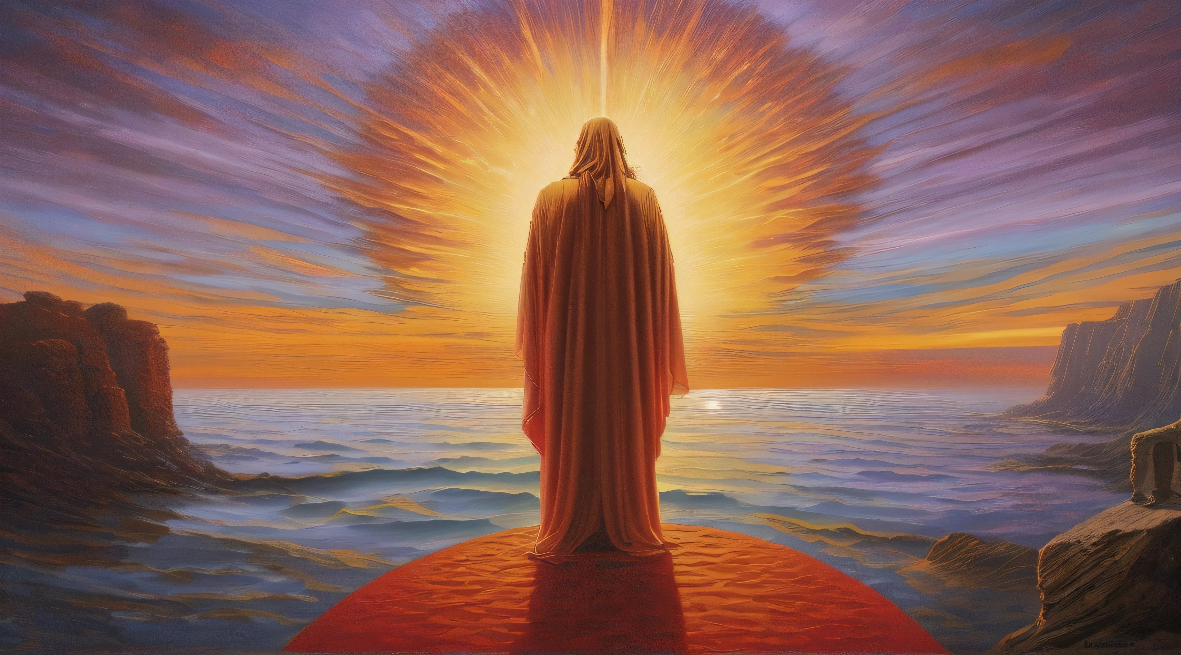 a painting of a man standing on a red carpet in front of a sunset, spiritual enlightenment, by Thomas Blackshear, by Christophe Vacher, by the Brothers Hildebrandt, praying at the sun, jesus walking on water, inspired by Christophe Vacher, by Brothers Hildebrandt, jim warren, by Juan O'Gorman, jesus, by Vladimir Kush, his mind contemplating eternity