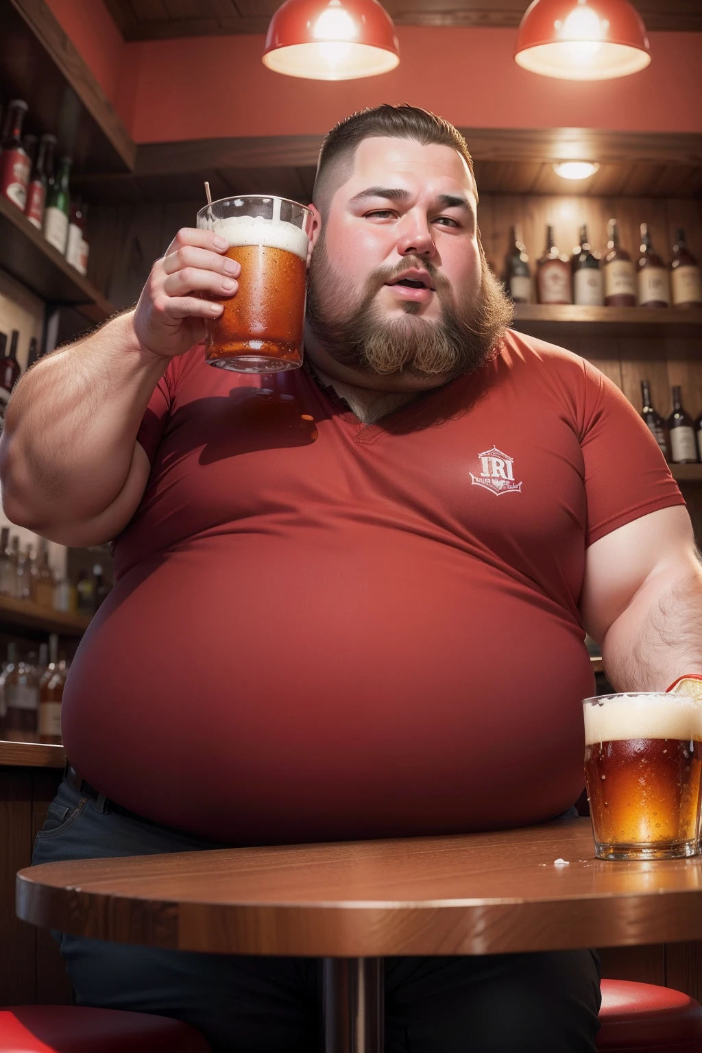 Make a picture of a fat man drinking beer in a bar with red clothes with photo quality Ultra 8K FullHD