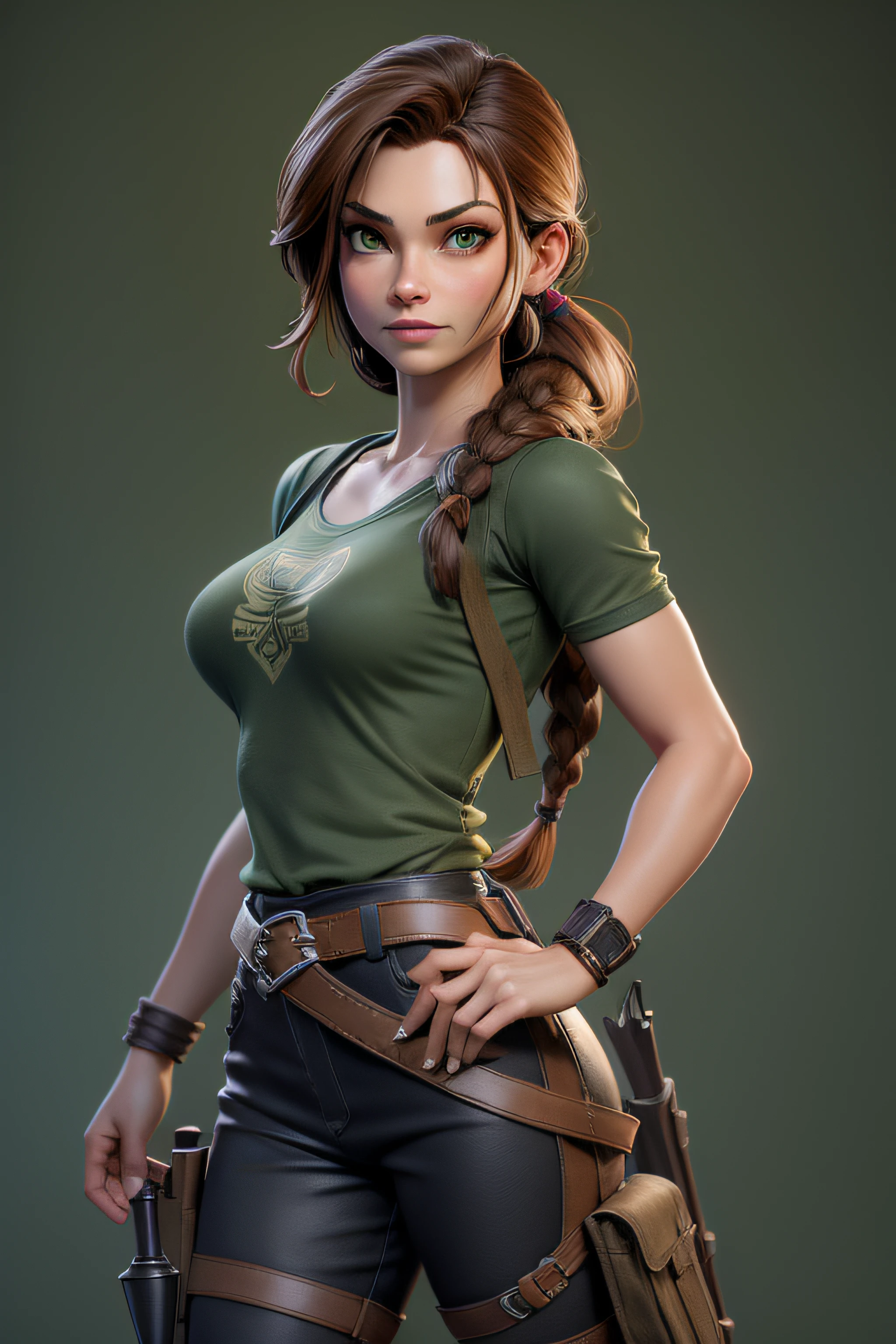 Masterpiece, beste-Qualit, Travail de rendu 3d, Style 3DMM, Exterior plan very very wide, 3d, Kristin Kreuk dressed as Lara Croft, brown hair with a long braid at the back, looking to the side, Realstic, Egyptian background with pyramid and hieroglyphs, looking away, separate lips, Yeux verts superbes, Green T-shirt with a dragon drawn on it. Ceinture avec 2 porte-revolver pour ses 2 Colts 45 strike Eagle, Grosses chaussures de marche