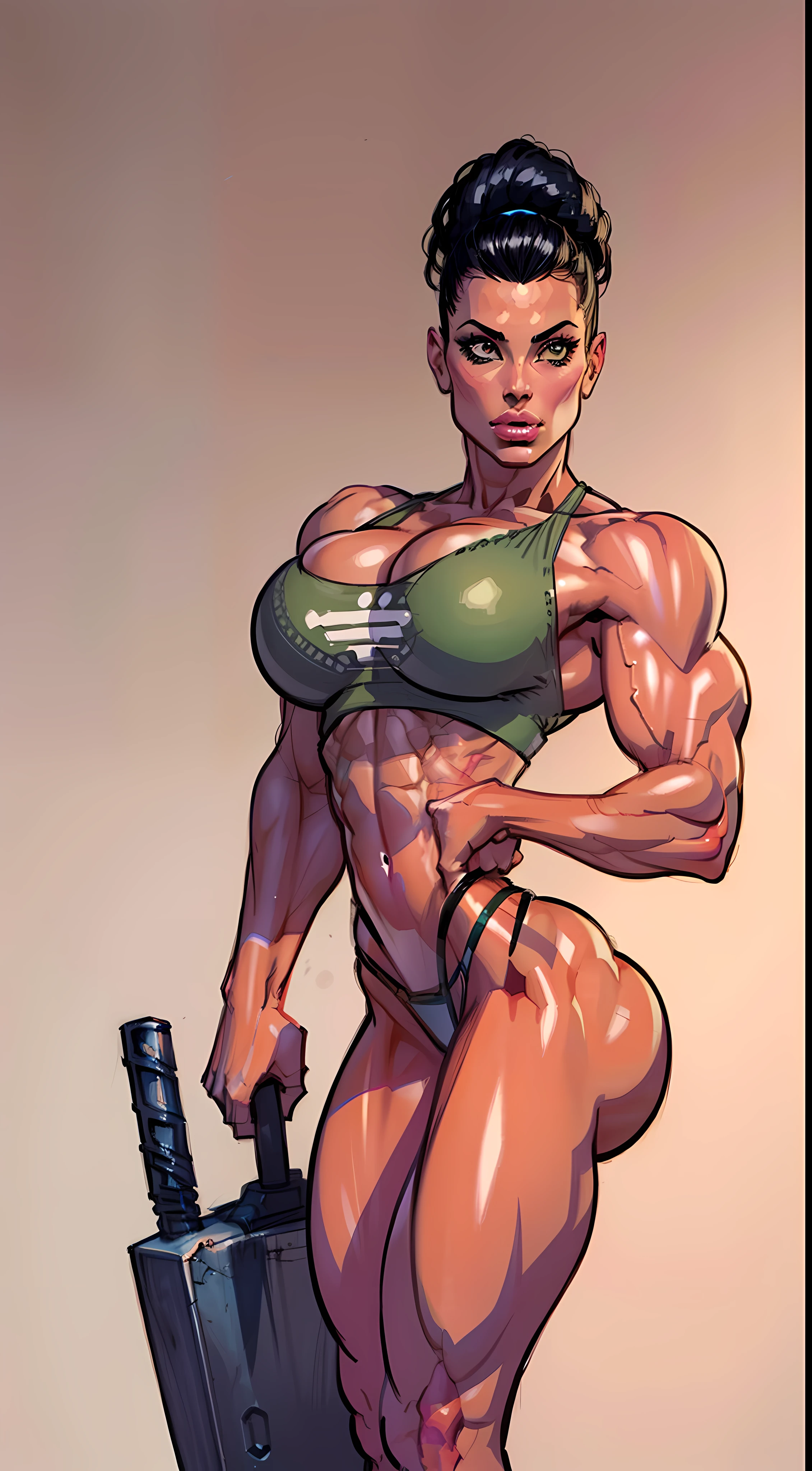 a drawing of a female barbarian, (pink skintone:0.9) with a ((giant hammer)), muscular body, feminine, huge upper body, wide shoulders, veins, beautiful face, full lips, slim face, high cheekbones, muscular, in the art style of mohrbacher, in style of peter mohrbacher