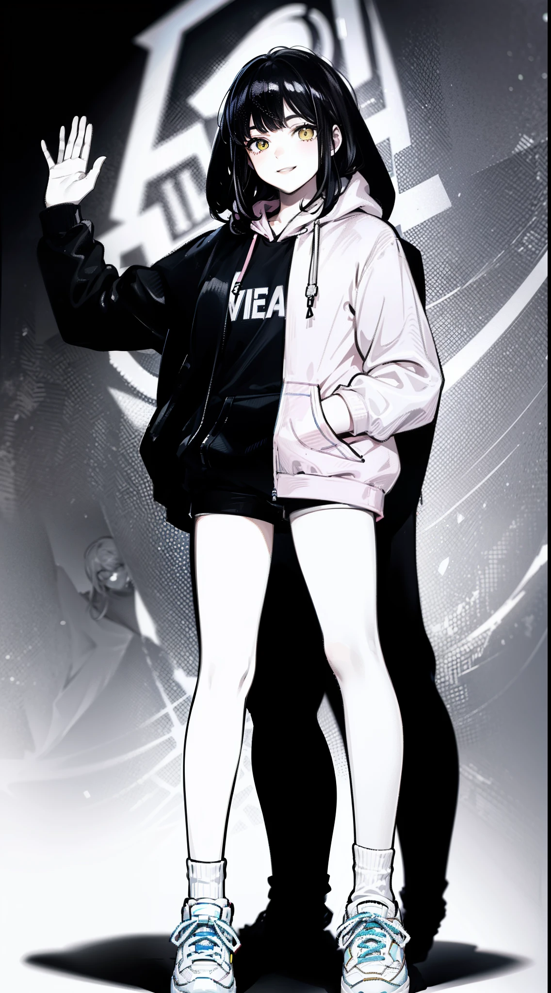 ager,pink hoodie,blue shorts,white sneakers,girl,vlogger,smiling,yellow eyes,black long straight hair,standing,simple,
