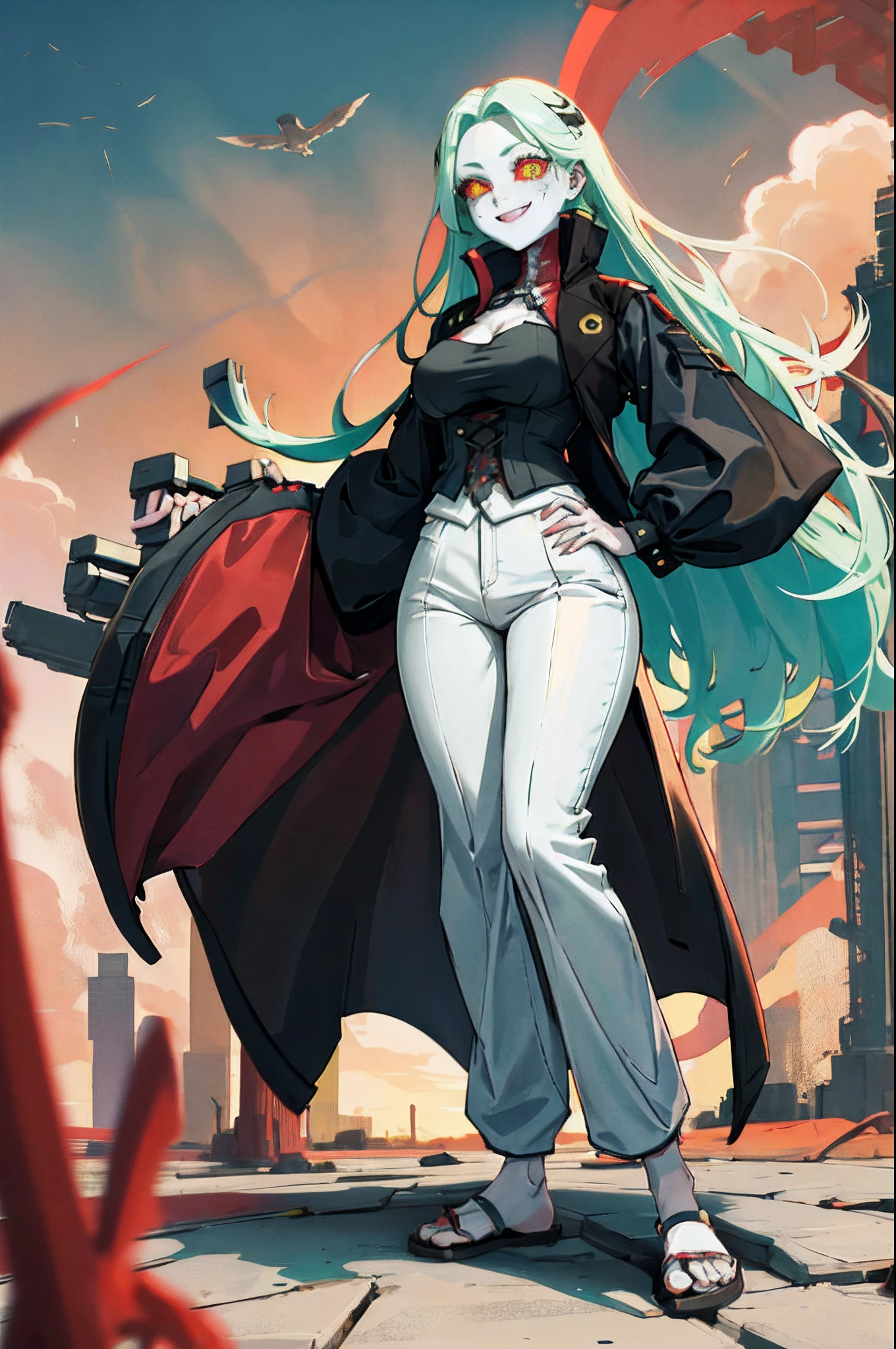 masterpiece, best quality, highres, 1girl, rebecca \(cyberpunk\), solo, long hair, mechanical eye, colored sclera, red sclera, colored skin, white skin, leg tattoo, neck tattoo, green hair, long hair, small breasts,, fang, red pupils, skin fang, red eyes, black jacket, standing, field,huge breast, tallgirl, long skirt, pullover, vest,, flipflops, standing, curvy,pants, full body, smile, victorian dress, victorian robe