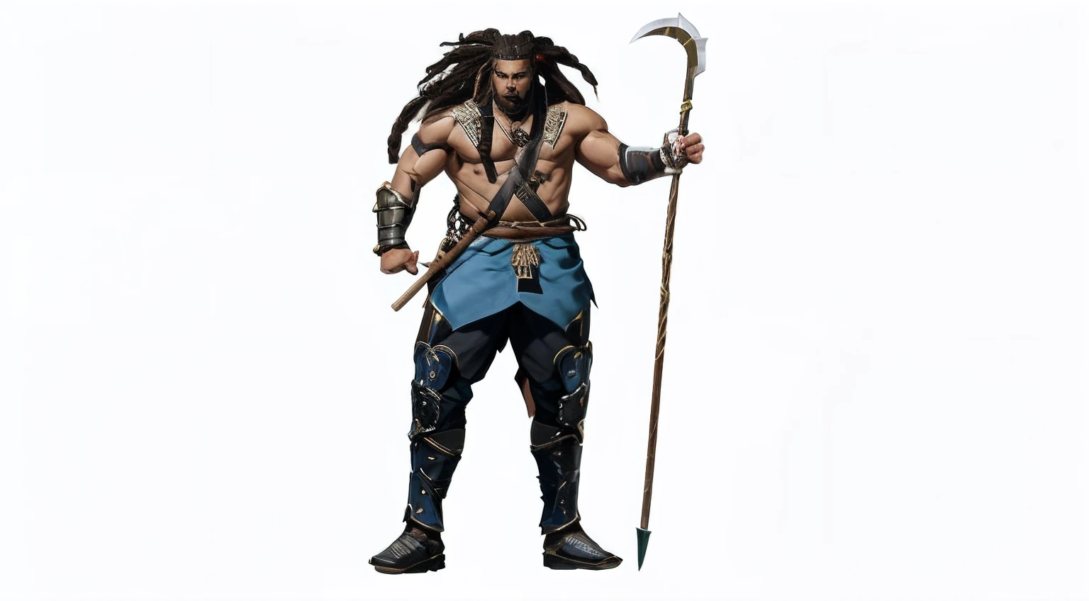 a close up of a man with a spear and a stick, picture of an adult male warrior, male warrior, dreadlock rastafarian as a barbarian, technoviking male with no shirt, video game character, fighting game character, complex fantasy character, game character, character from mortal kombat, warrior character design, concept art of a warrior, video game character concept