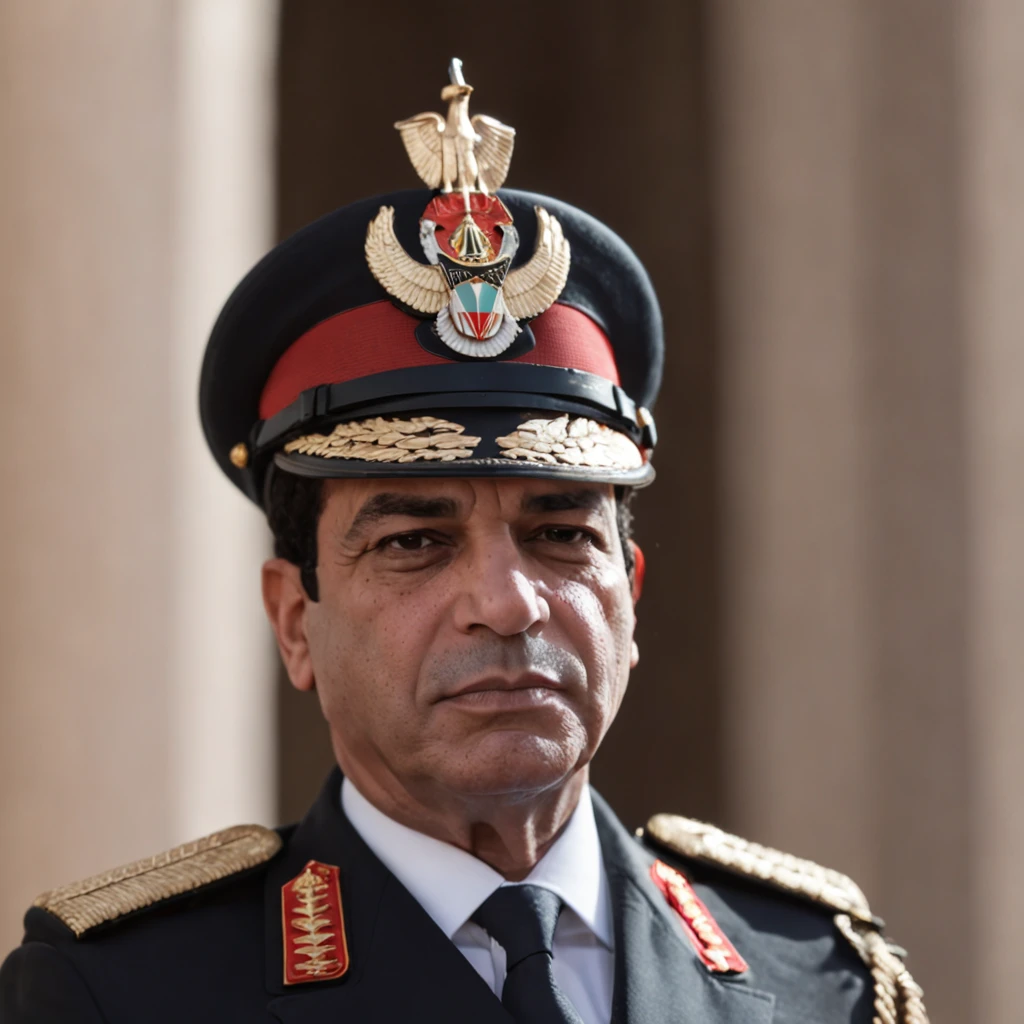 Egyptian President Abdel Fattah El-Sisi, wearing a military uniform, smoking a cigarette, cinematic colours