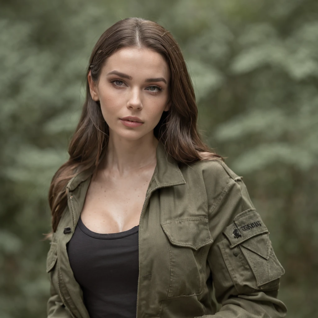 woman, a striking 22-year-old American model with light brown hair, in the forest, apocalypse atmostphere forest, in forecast , wavy hair, 172 height, full body photo, mix face veronika bielik, danusia draghici face, cute faces girlfriend, blonde and attractive features, attractive girl, stormptrooper, star wars, wearing startwars