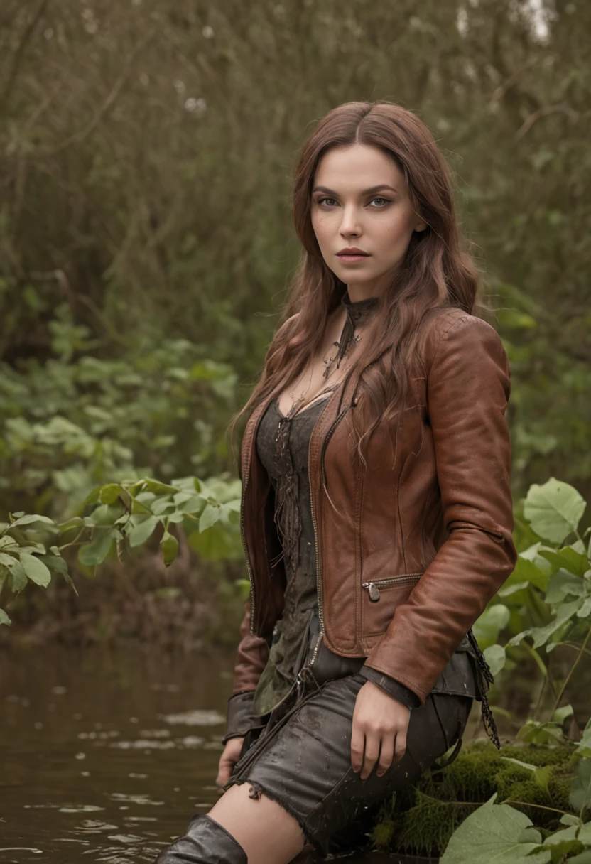 soft-lighting, A woman drowns in her hips in a swamp, um closeup de um, (Realistic fantasy rendering in a swamp:1.0), foto retrato pintura fosca, fotografia de fantasia realista, (lusciousness:1.3), mini saia, Meias pretas com ligaduras nas pernas, leather jacket, Botas de couro,