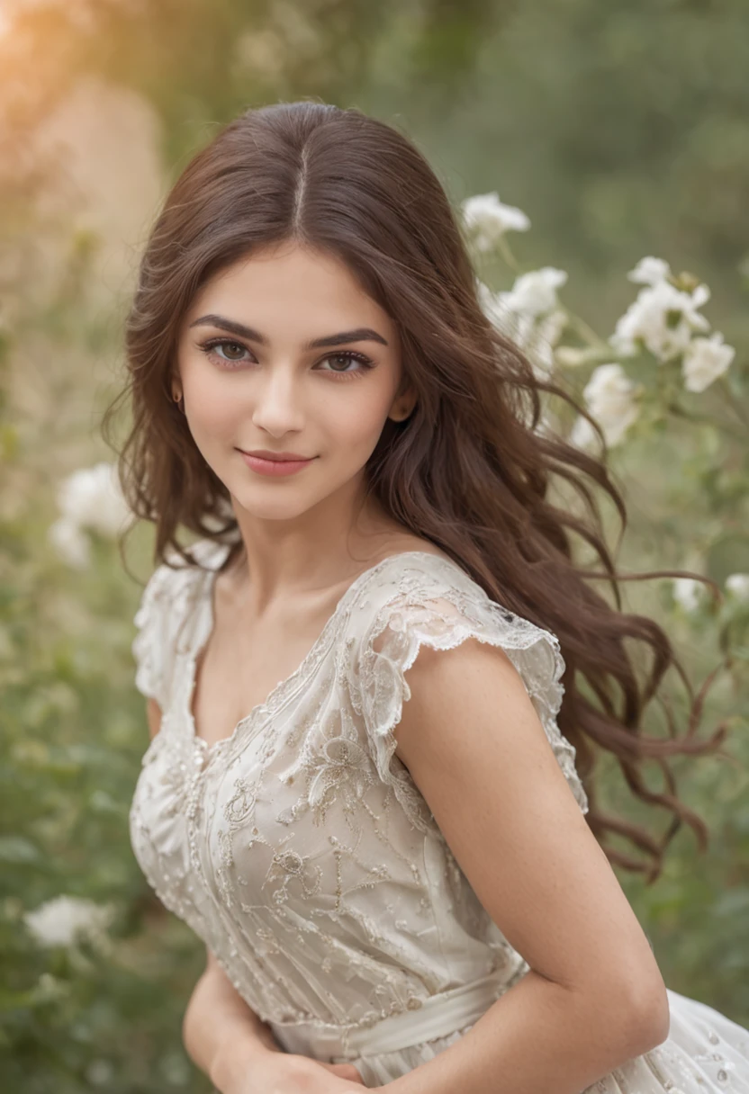 A beautiful Persian girl with a wheatish complexion, an innocent and charming smile, large green eyes, wearing a white silky dress, her light brown hair flowing