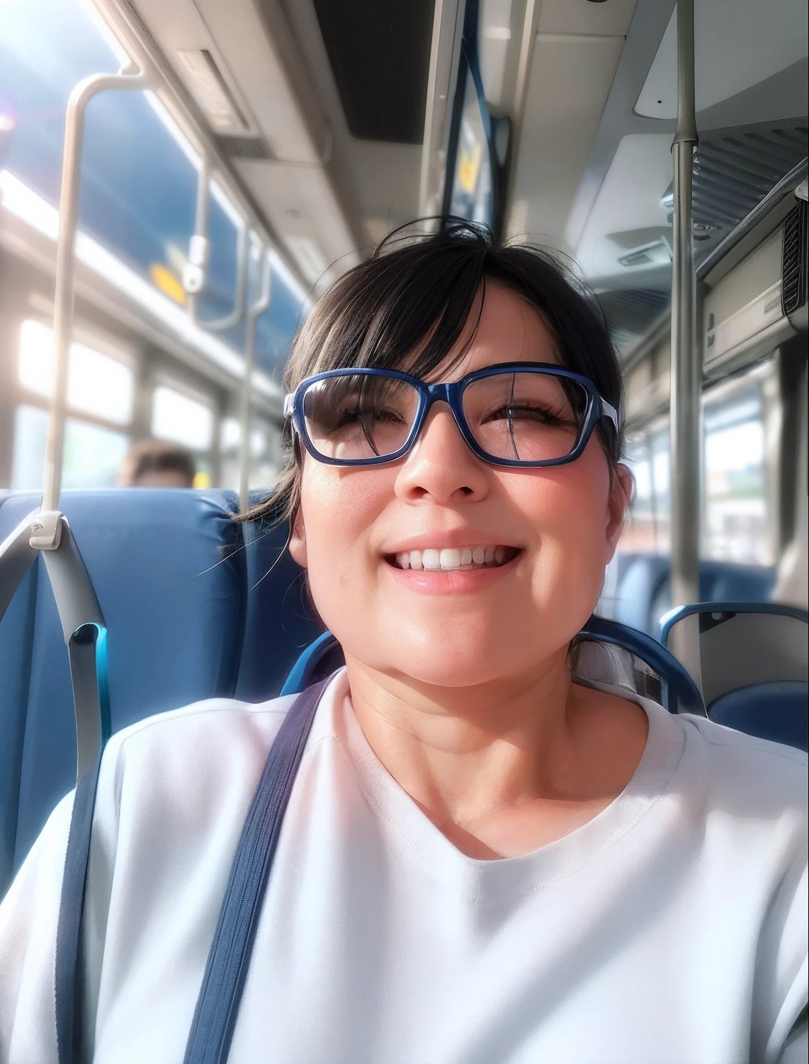 smiling woman in glasses on a bus with a blue shirt, very slightly smiling, happily smiling at the camera, slightly smiling, photograph taken in 2 0 2 0, almost smiling, she is smiling and excited, photo taken in 2 0 2 0, 8k selfie photograph, face is brightly lit, taken in the early 2020s, smiling for the camera