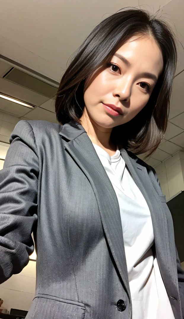 masterpiece,best quality, (1 milf), ((close up:0.5)), ((cross arms)), glare, gray blazer, white shirt, double eyelid, eyelash, lip gloss, (suspicion face:1), ((close eyes:0.85)), ((Looking at Viewer)), RAW, (from below:1), ((nobody)), office,