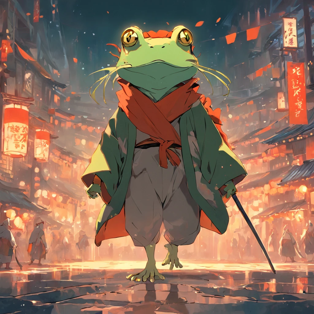 estudio ghibli style, a frog using a sakkat, with samurai clothes