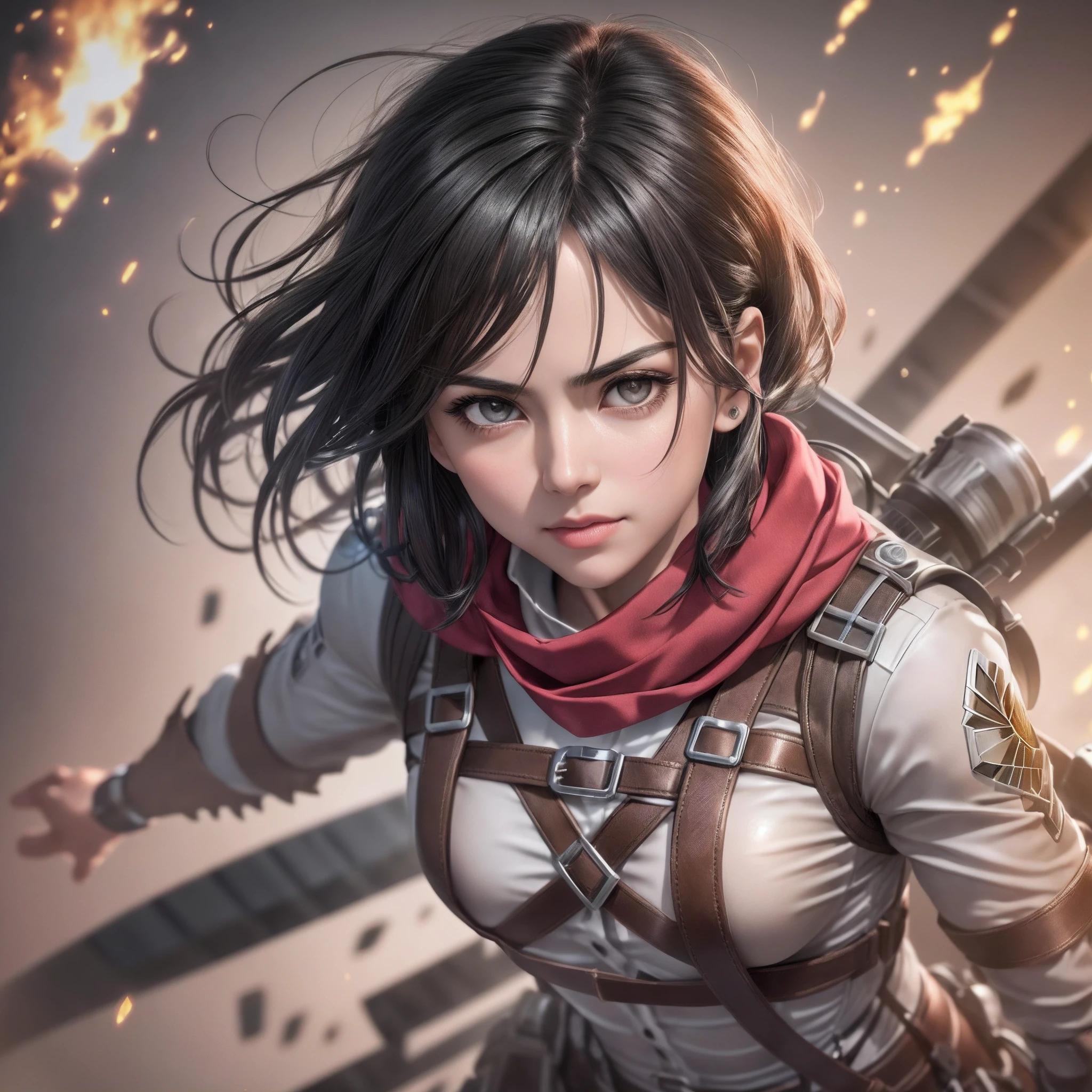 Image of Mikasa Ackeman with a sword and a scarf around his neck, Artgerm extremamente detalhado, Modelo IG | Artgerm, Artgerm. anime illustration, badass anime 8 k, Mikasa Ackerman, gama murata e Artgerm, Artgerm em ArtStation Pixiv, Artgerm. High detail, arte de anime digital detalhada,  (1girl em)、(realisitic)、( fotorrealista:1.5)、Batomornsardas、cabelos pretos, 8k UHD、(filmgrain) extremamente delicado e bonito、8k, alta qualidade、alta resolução, ju、ighly detalhado、(brilho da luz da lua) 、belos olhos detalhados、 olhos e rosto extremamente detalhados、obra prima、(lighting like a movie)、(pele de alto detalhe:1.2)、8k UHD、Digital SLR、a strong lighting of fire、alta qualidade、filmgrain、obra prima, qualidade superior, alta qualidade, alta resolução, ((muito nitido)), Photo taken with long-range professional camera, alta qualidade, preservar face, sensual