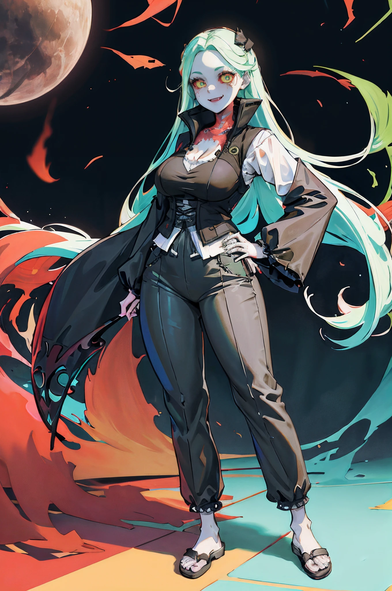 masterpiece, best quality, highres, 1girl, rebecca \(cyberpunk\), solo, long hair, mechanical eye, colored sclera, red sclera, colored skin, white skin, leg tattoo, neck tattoo, green hair, long hair, small breasts,, fang, red pupils, skin fang, red eyes, black jacket, standing, field,huge breast, tallgirl, long skirt, pullover, vest,, flipflops, standing, curvy,pants, full body, smile, victorian dress, victorian robe