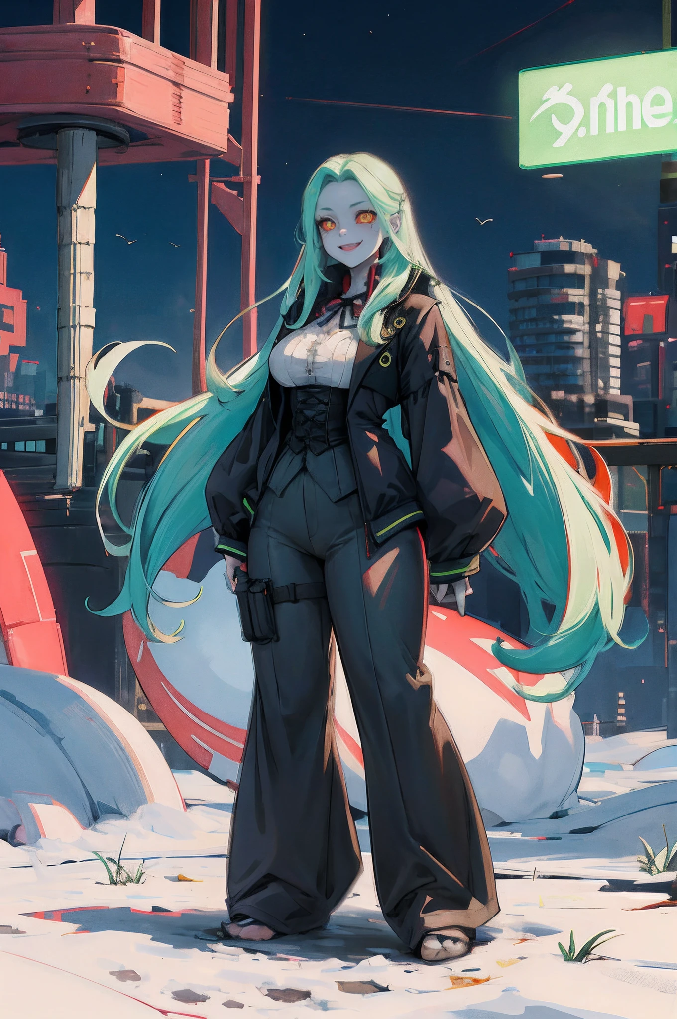 masterpiece, best quality, highres, 1girl, rebecca \(cyberpunk\), solo, long hair, mechanical eye, colored sclera, red sclera, colored skin, white skin, leg tattoo, neck tattoo, green hair, long hair, small breasts,, fang, red pupils, skin fang, red eyes, black jacket, standing, field,huge breast, tallgirl, long skirt, pullover, vest,, flipflops, standing, curvy,pants, full body, smile, victorian dress, victorian robe