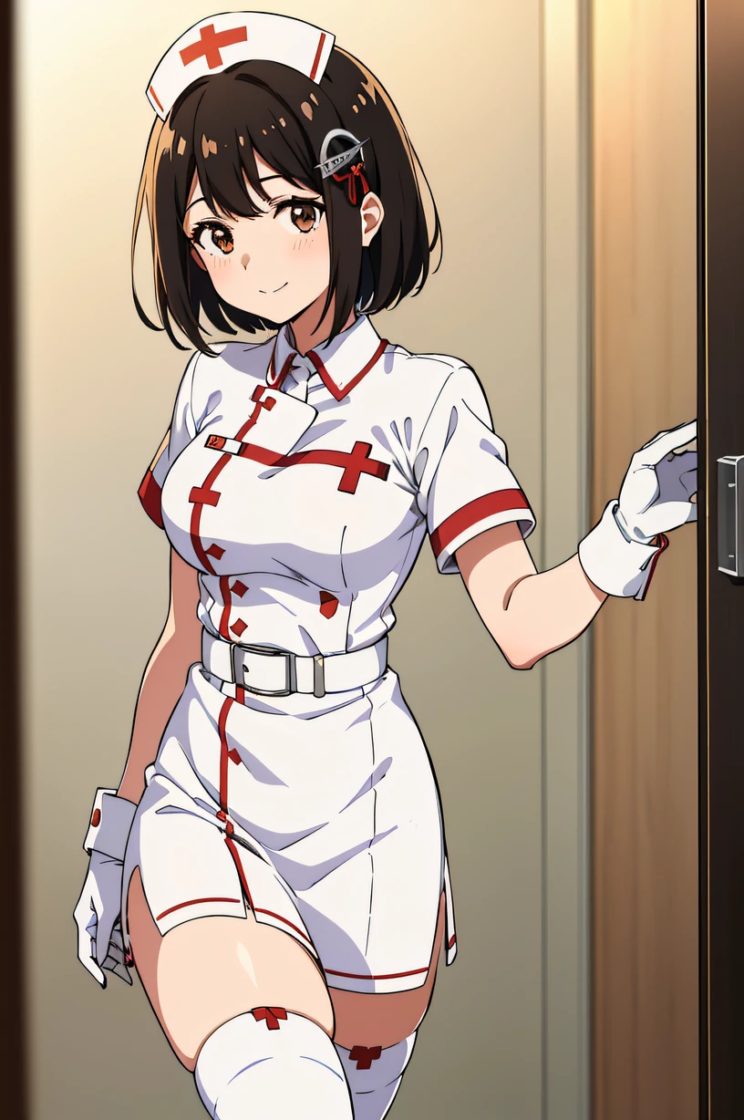 haguro \(kancolle\), short hair, black hair, brown eyes, hair ornament, solo, Nurse, ((White nurse cap, White nurse uniform)), ((White legwear, zettai ryouiki)), White Gloves, Smile, closes mouth, Standing, ((Hospital room)), sharp outline, Short sleeves, Best Quality, masutepiece