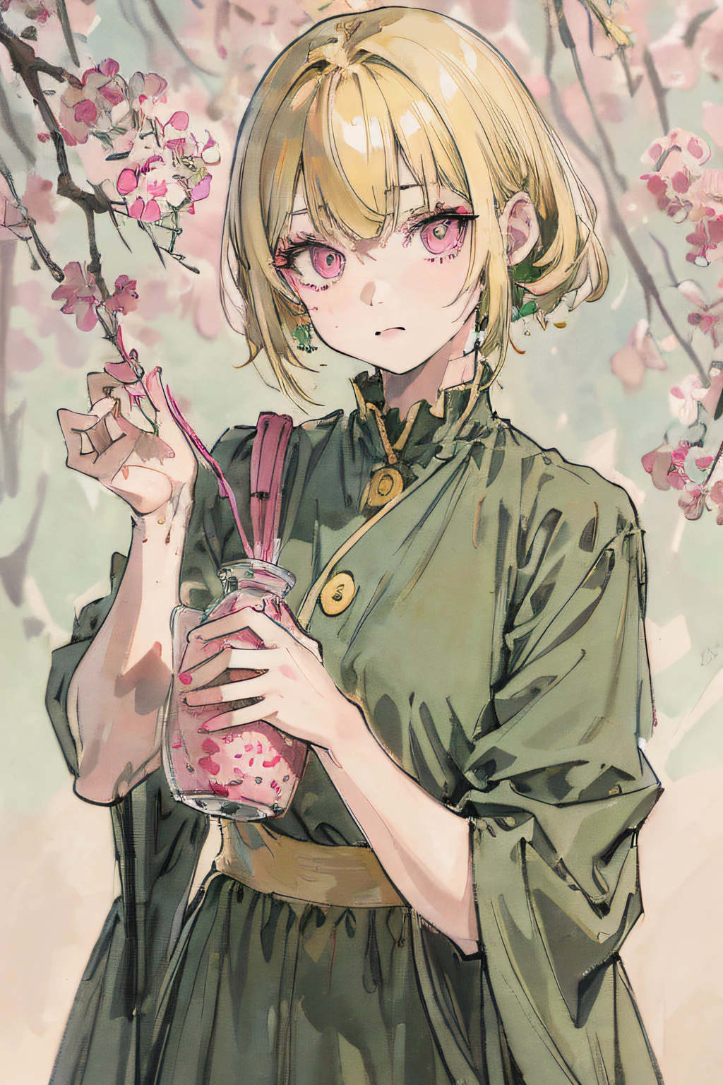 "1 girl with short yellow hair and pink eyes, dressed in a stylish green dress, showcasing a sharp and defined facial expression. Absurdly high resolution and ultra-sharp detail, perfect for a 4K masterpiece, colorized"
