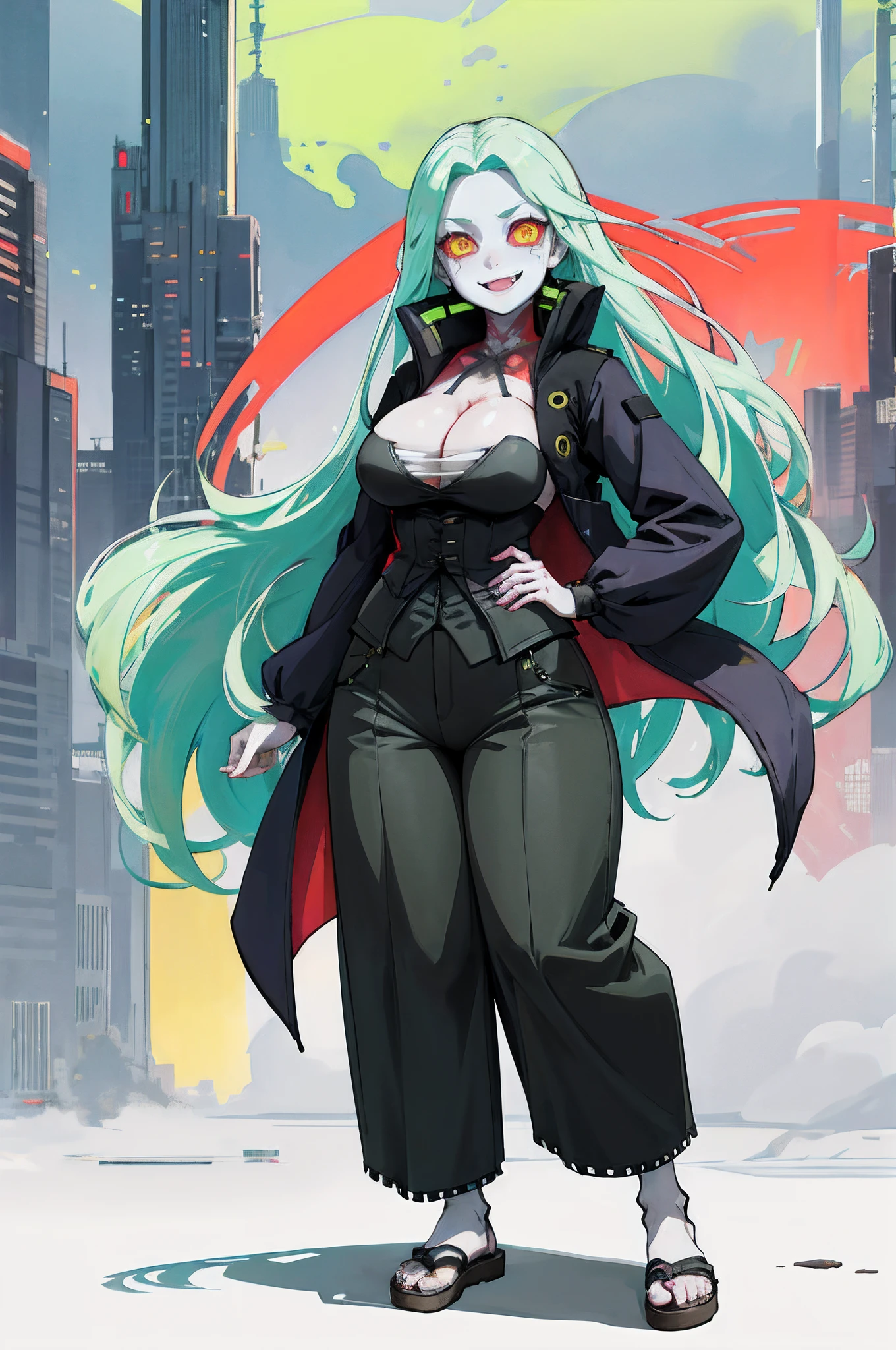 masterpiece, best quality, highres, 1girl, rebecca \(cyberpunk\), solo, long hair, mechanical eye, colored sclera, red sclera, colored skin, white skin, leg tattoo, neck tattoo, green hair, long hair, small breasts,, fang, red pupils, skin fang, red eyes, black jacket, standing, field,huge breast, tallgirl, long skirt, pullover, vest,, flipflops, standing, curvy,pants, full body, smile, victorian dress, victorian robe