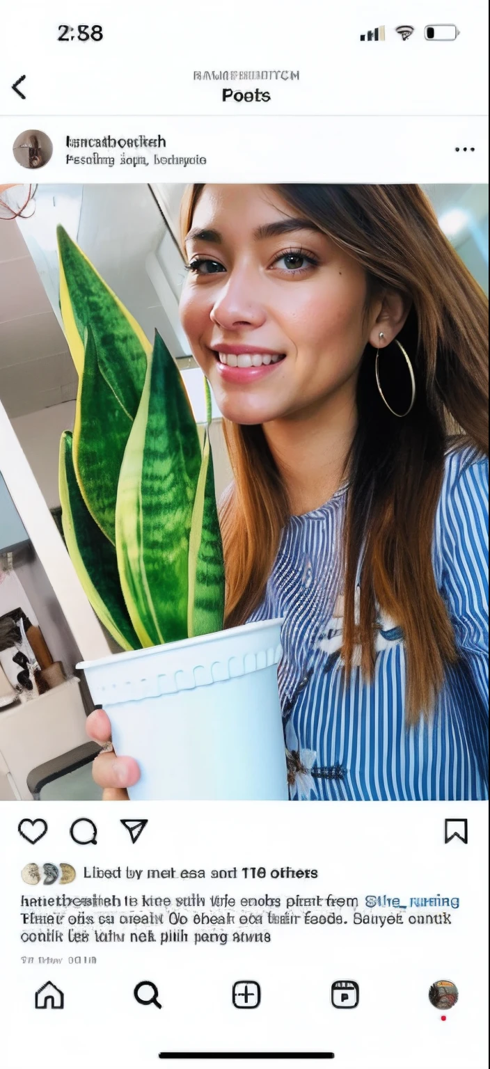 Generate a close up of a person , looking exactly like the target photo, holding a plant in a pot,standing topless with a seducing face