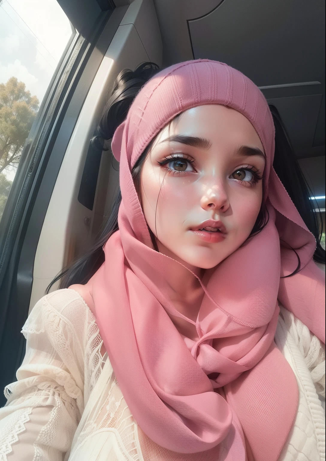 1 malay girl , modern plain hijab,  shy, medium portrait shot , watery  eyes , pink glowing particles, pacifier in the mouth, wear white diaper, big breast, Bathroom background, proportional body,