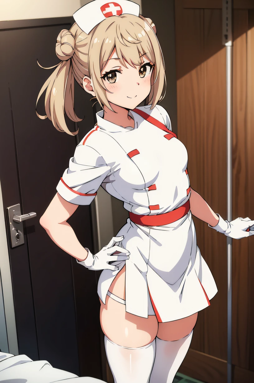 MichishioKC, twintails, two side buns, small breasts,  solo, Nurse, ((White nurse cap, White nurse uniform)), ((White legwear, zettai ryouiki)), White Gloves, Smile, Standing, ((Hospital room)), sharp outline, Short sleeves, Best Quality, masutepiece