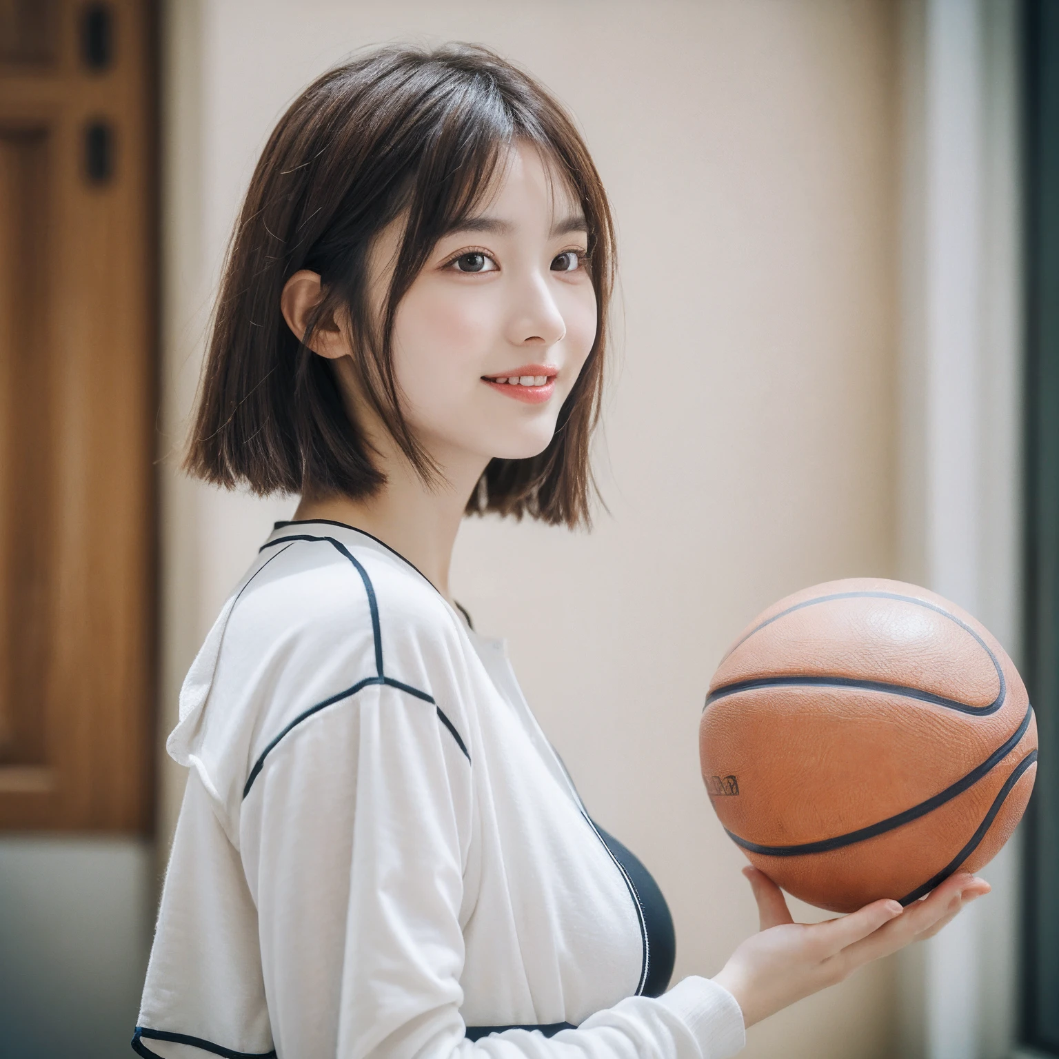 ((layered haircuts、Colossal tits:1.2)),(8K,highest quality),full body shot shot,Watching from a distance,Distant shots,Indoor basketball hall,Sweet girl,Holding a basketball,basketball suit,Full body photography:1.9,pupils, Android, adolable, ssmile, Thin face, short detailed hair, 32K, tmasterpiece, Best picture quality,超A high resolution,Perfect hands,Looking_at_peeping at the viewer,