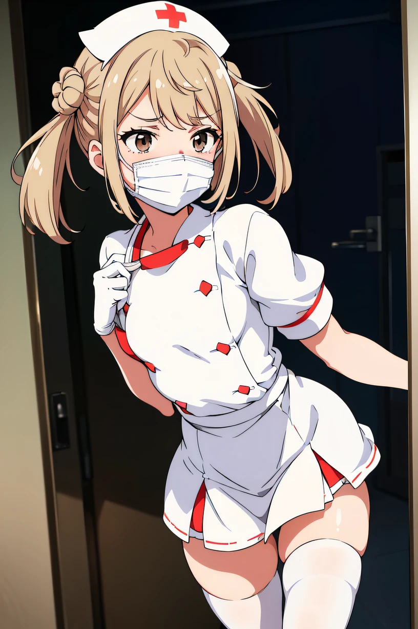 MichishioKC, twintails, two side buns, small breasts, solo, Nurse, ((White nurse cap, White nurse uniform)), ((White legwear, zettai ryouiki)), White Gloves, ((White surgical mask, Cover the nose)), Standing, ((Hospital room)), sharp outline, Short sleeves, Best Quality, masutepiece