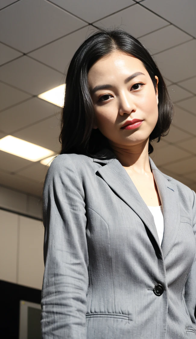 masterpiece,best quality, (1 milf), ((close up:0.5)), ((cross arms)), glare, gray blazer, white shirt, double eyelid, eyelash, lip gloss, (suspicion face:1), ((close eyes:0.85)), ((Looking at Viewer)), RAW, (from below:1), ((nobody)), office,