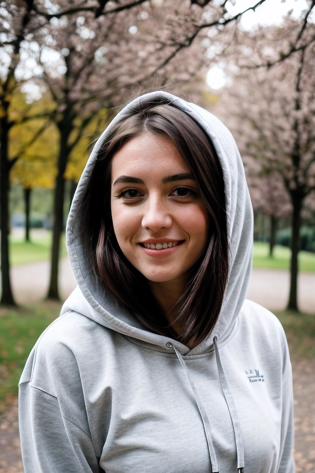 Instagram-Foto, Nahaufnahme Gesicht, upper body, Lower, Beine, NSFW, nur ein Oberteil, Foto von 23 Y.o Chloe im hoody, im park, Spaltung, blasse haut, (smil:0.4), Harte Schatten, posierend, Posieren im Freien, positionen, angeben,