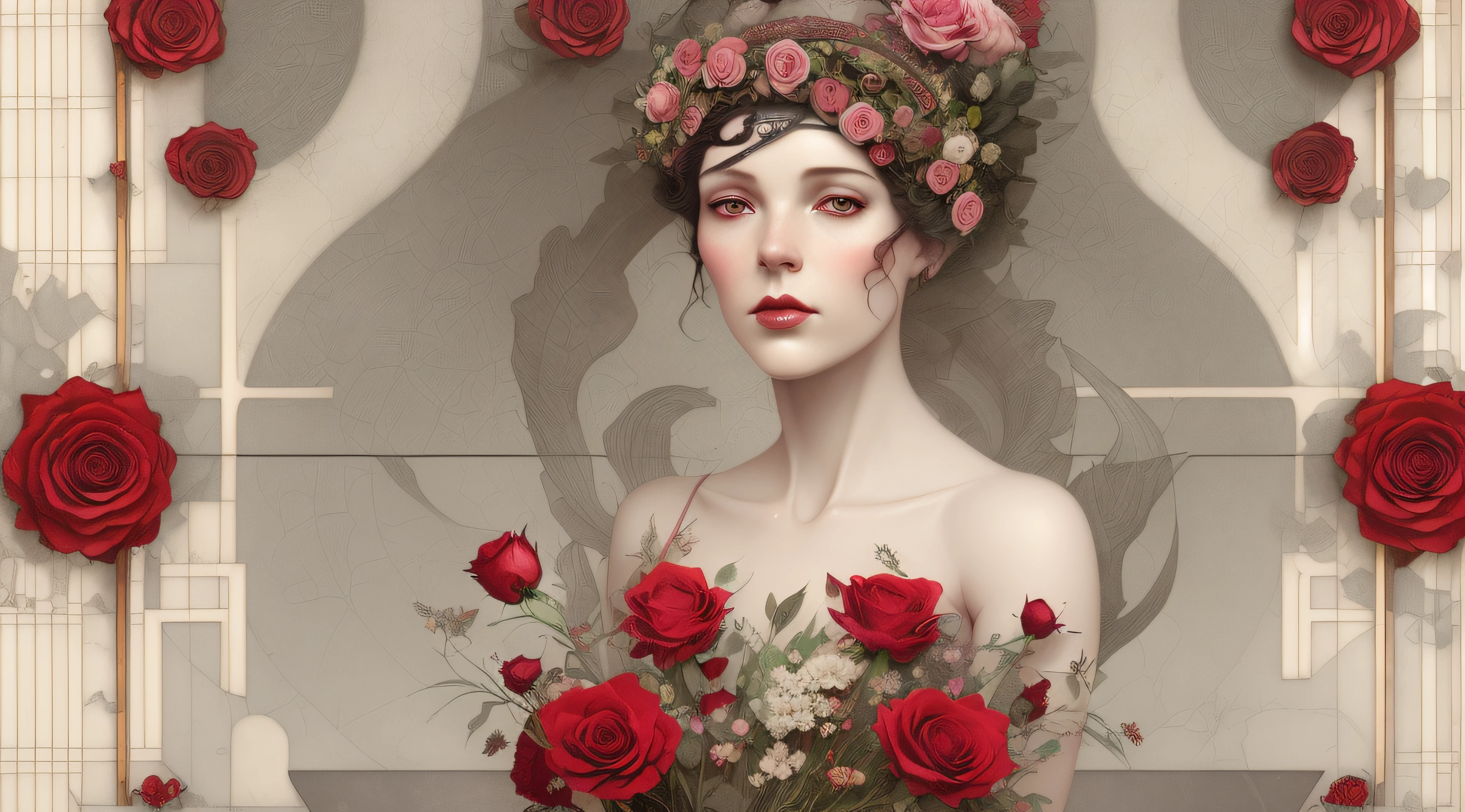 there is a woman with a rose headdress and a bunch of red roses, hyperrealistic art nouveau, artstyle tom bagshaw, natalie shau tom bagshaw, tom bagshaw artstyle, art nouveau octane render, karol bak uhd, tom bagshaw style, baroque digital painting, art tom bagshaw, artgerm and james jean
