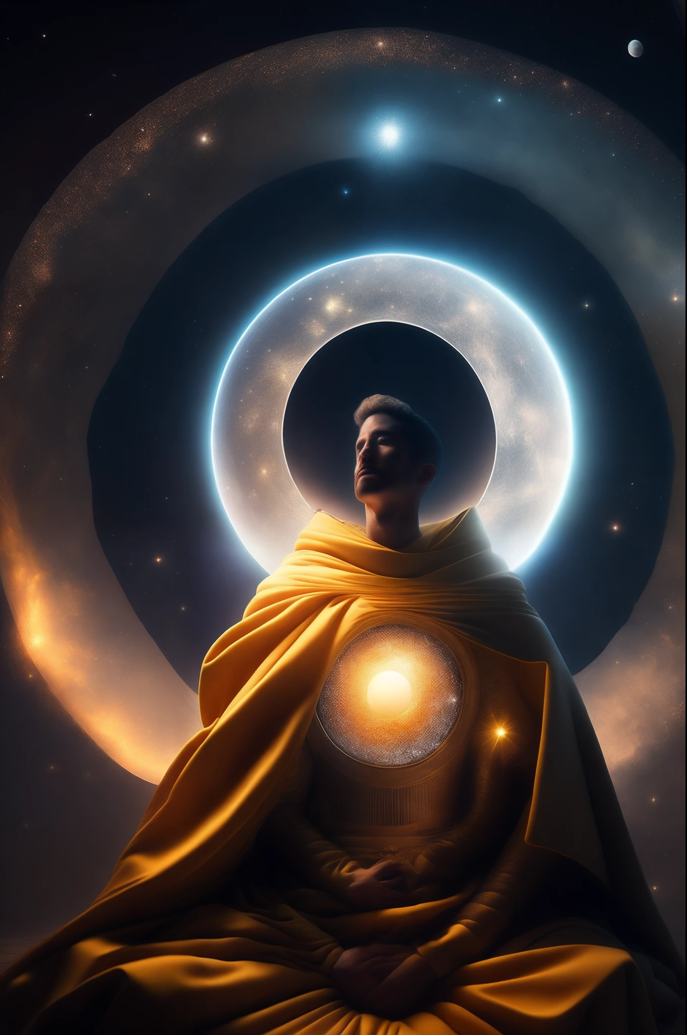 (Foto RAW, melhor qualidade), (realista, realista: 1.3), NVIDIA RTX Ray Tracing, octan render, high-resolution, extremamente delicado e belo, Awesome, finamente detalhe, obra-prima, ultra-detalhado, alto, (best illustration), (melhor sombra), intrincado, A celestial man in outer space controlling stars and bigger than a sun sitting like Buddha and controlling black holes, perfect compositio, Absurdo, fantasia, intrincado, elegante, altamente detalhado, 8k UHD, DSLR, alta qualidade, (grain of film: 1.4), Fujifilm XT3, art-station, smooth and sharp focus, circunstanciado, Foto premiada, BLN-L24, exposure, alto contraste, cinematic lighthing.