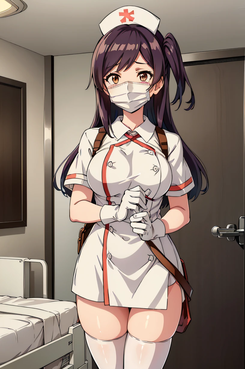 hagikaze, ahoge, one side up, medium breasts, solo, Nurse, ((White nurse cap, White nurse uniform)), ((White legwear, zettai ryouiki)), White Gloves, ((White surgical mask, Cover the nose)), Standing, ((Hospital room)), sharp outline, Short sleeves, Best Quality, masutepiece