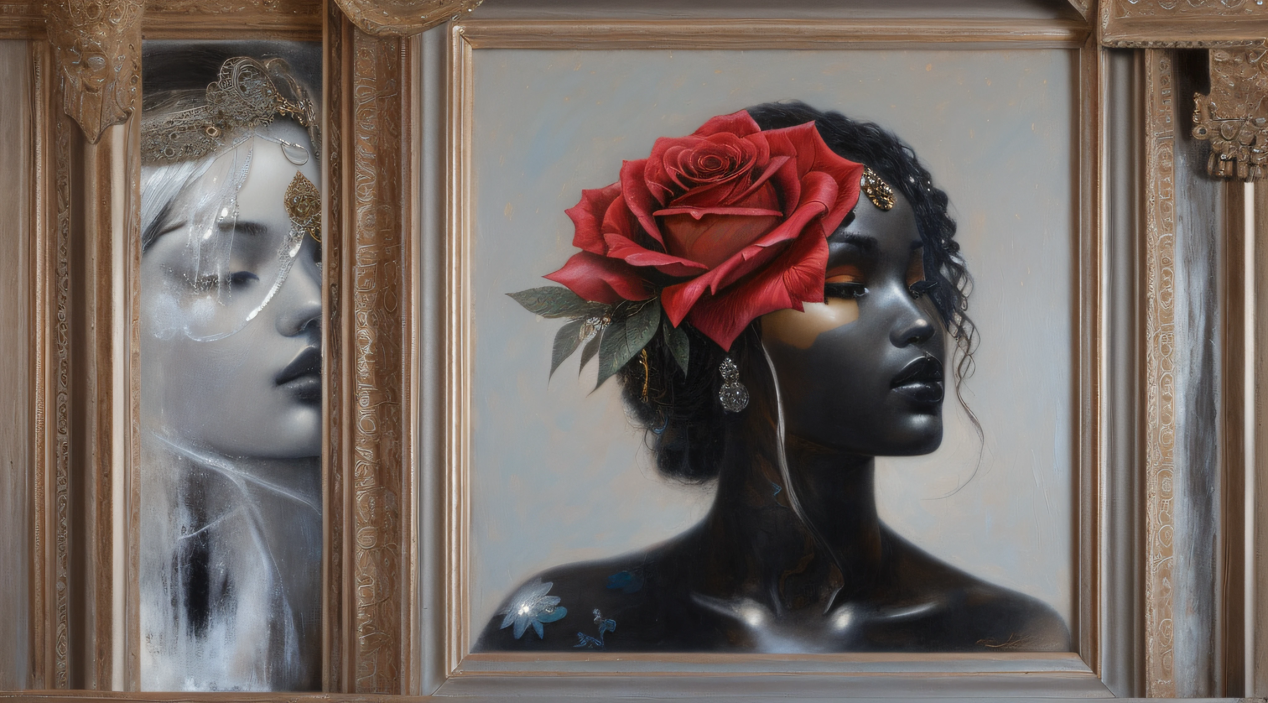 painting of a woman with a rose in her hair and a statue behind her, casey baugh and james jean, by Steve Argyle, inspired by Dino Valls, she is the queen of black roses, artgerm and james jean, by Jason Benjamin, adrian borda, oil on canvas detailed, black art, jana brike art, artstyle tom bagshaw