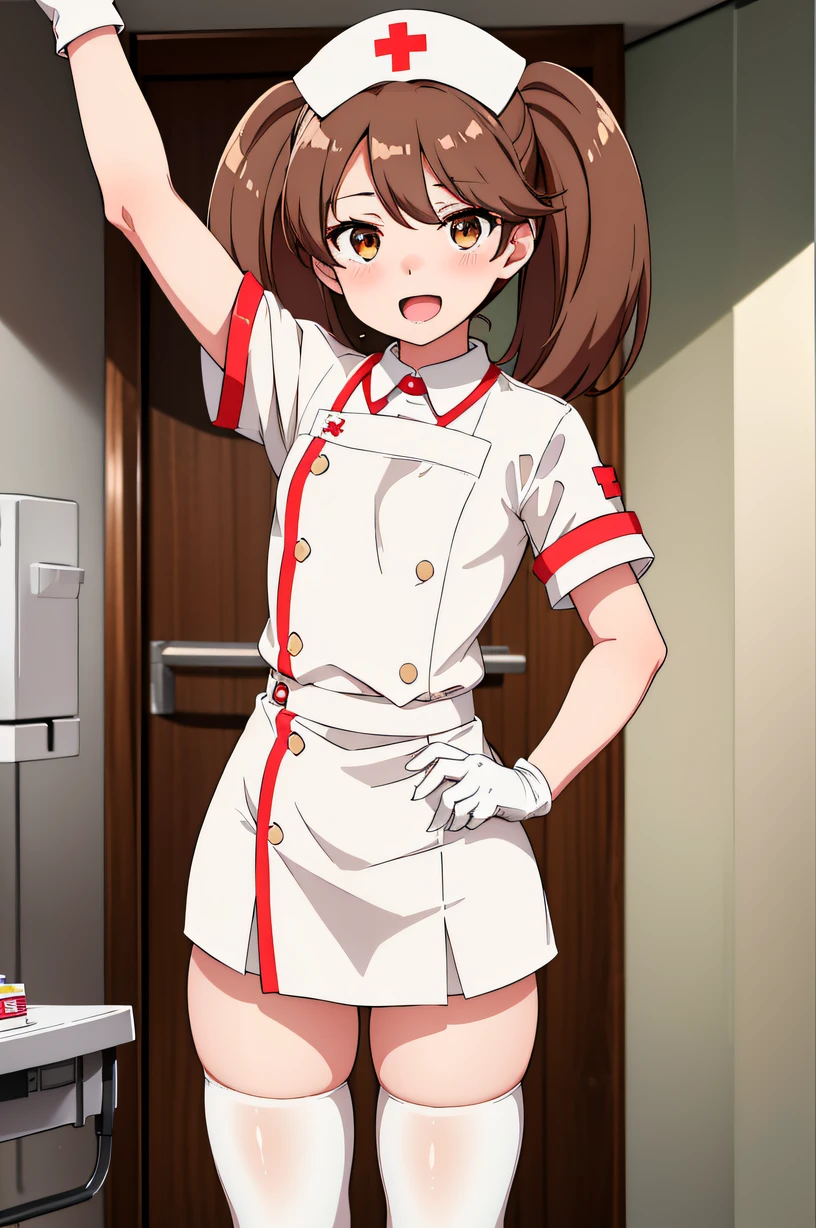 Ryuujou, brown hair, brown eyes, twintails, flat chest, solo, Nurse, ((White nurse cap, White nurse uniform)), ((White legwear, zettai ryouiki)), White Gloves, Smile, Open mouth, Standing, ((Hospital room)), sharp outline, Short sleeves, Best Quality, masutepiece