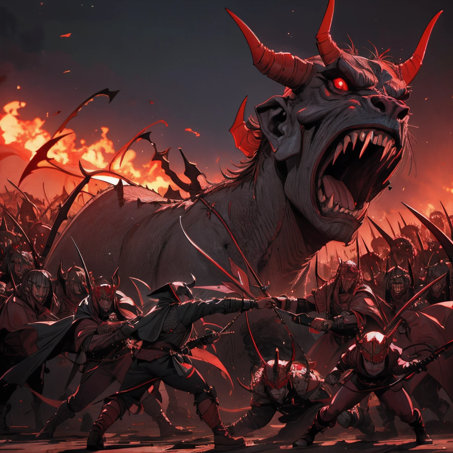 Troops armed with demons going into battle Hyper realistic war super detailed Dynamic poses of 10 demons with Dracula hyper realistic super detailed sharp details