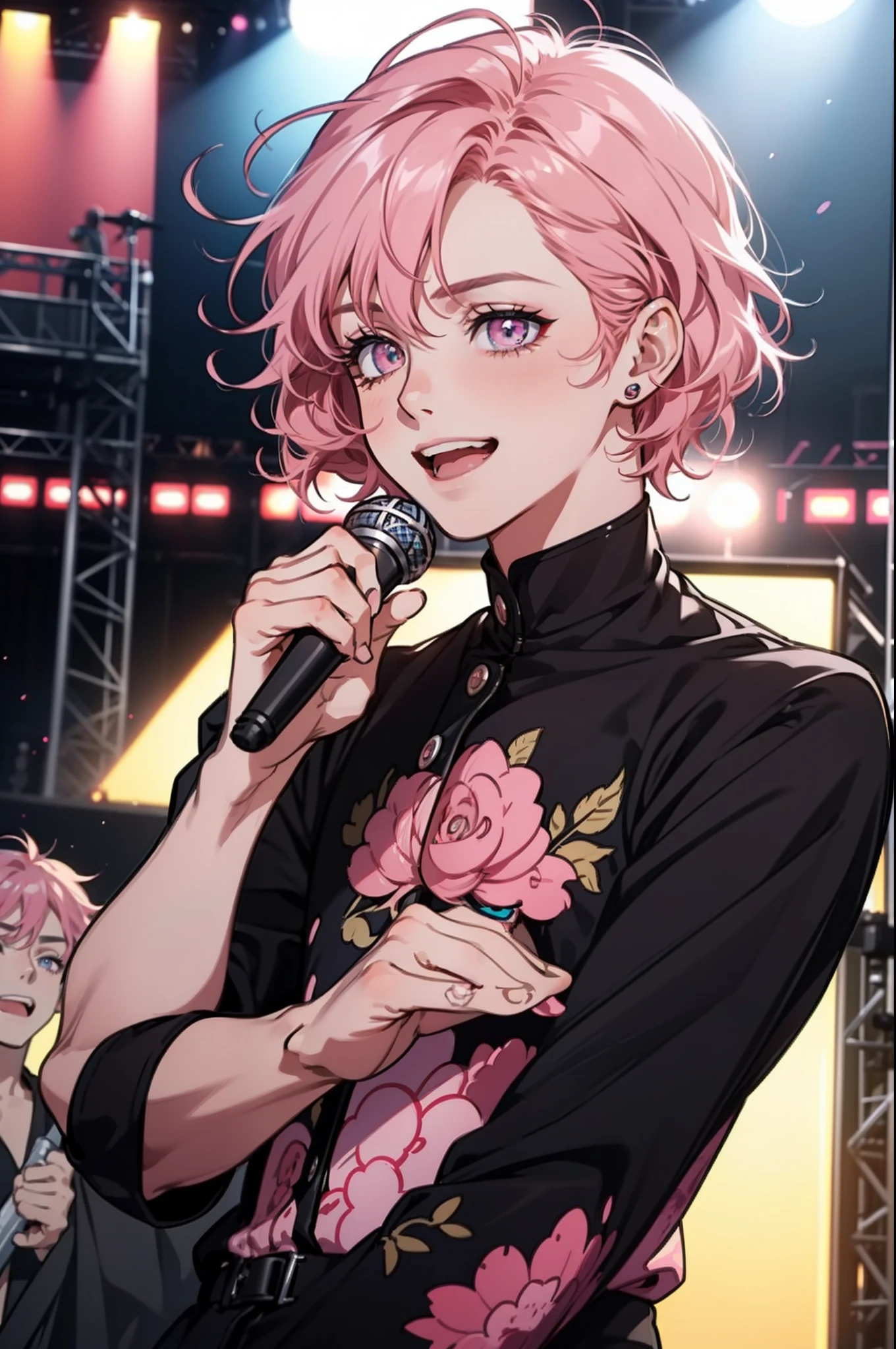 1 boy, beautiful male body, short boy, 20 years old , Body Length 170 cm, (short hair, pink color hair, curly hairstyle) , (pink color eyes), realistic eyes, beautiful eyes, big eyes), ((idol clothes)), ((He holds a microphone and sings happily on stage in front of the crowd)), happy face, smiling, (8k wallpaper), ((pink lights color, concert on stage wallpaper)) 8k, high quilty, realistic, beautiful realistic, Cool details, raw photo, realistic clothing, short curly hair, pink hair, realistic hair, Light and cool lighting, photo realistic, Cel shaded, Gel lighting, ultra details, ((Idol boy))
