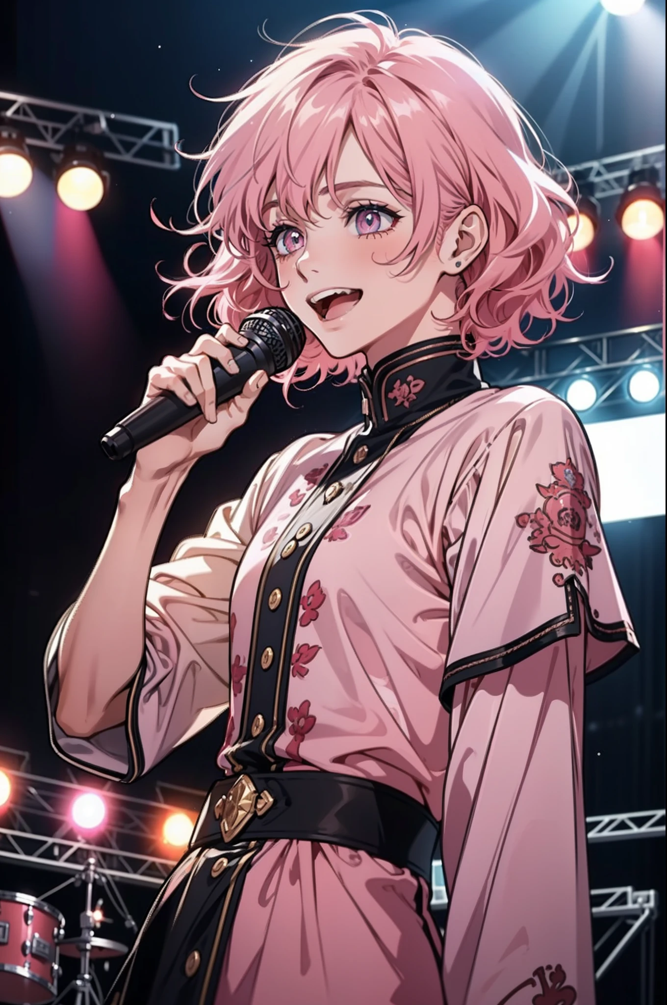 1 boy, beautiful male body, short boy, 20 years old , Body Length 170 cm, (short hair, pink color hair, curly hairstyle) , (pink color eyes), realistic eyes, beautiful eyes, big eyes), ((idol clothes)), ((He holds a microphone and sings happily on stage in front of the crowd)), happy face, smiling, (8k wallpaper), ((pink lights color, concert on stage wallpaper)) 8k, high quilty, realistic, beautiful realistic, Cool details, raw photo, realistic clothing, short curly hair, pink hair, realistic hair, Light and cool lighting, photo realistic, Cel shaded, Gel lighting, ultra details, ((Idol boy))
