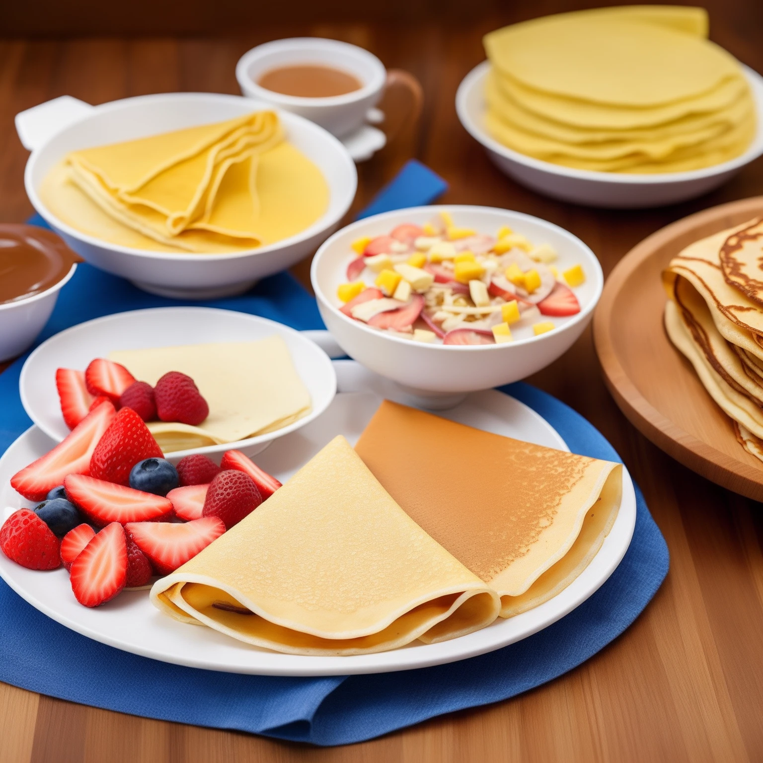 "Generate beautiful images of crepes。Thin and delicate texture of crepes、Sweet toppings、And draw crepes with beautiful shades。"