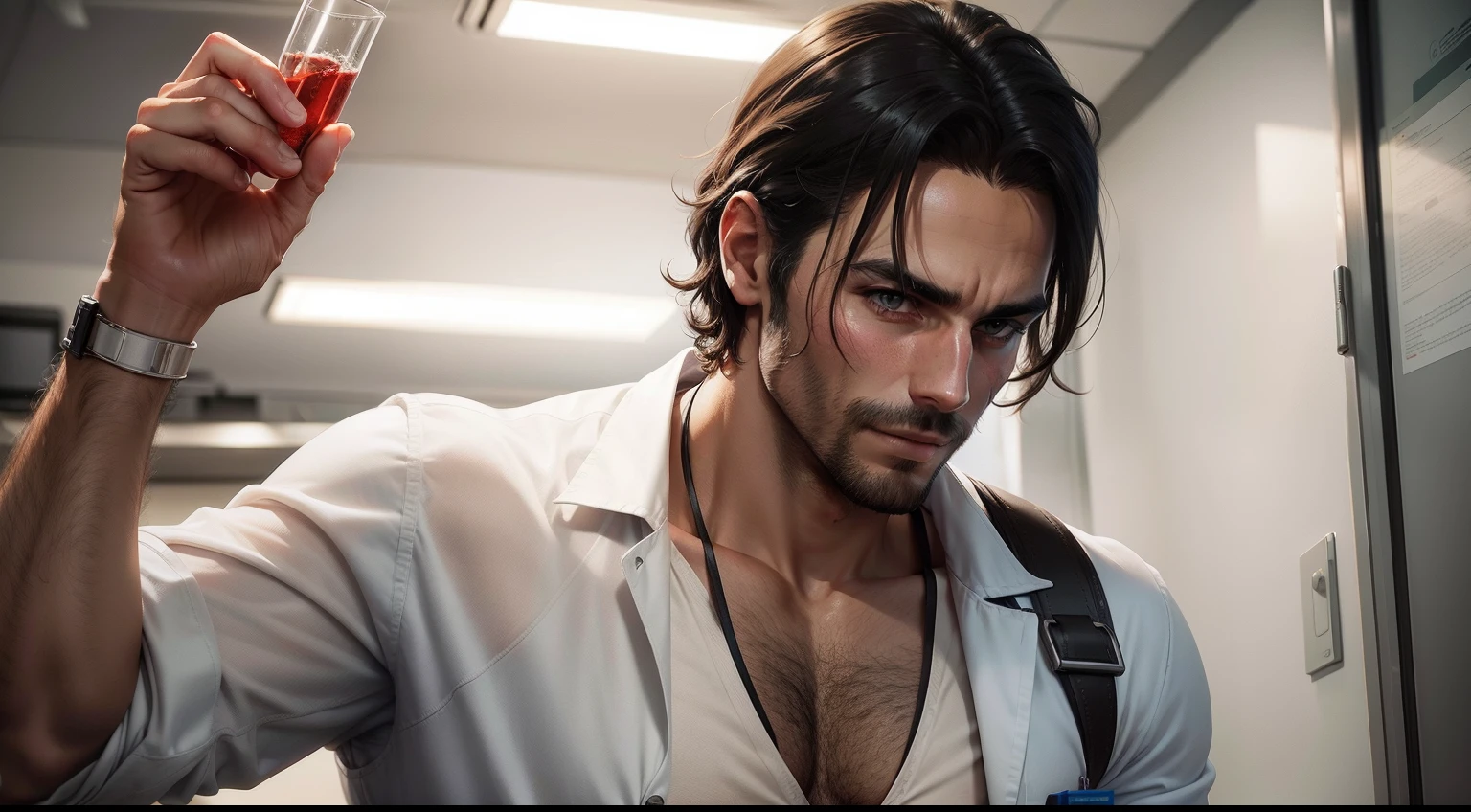 aça a man in the laborat[Orio clean dressed in a happy lab coat collecting blood with a syringe on another man's arm
