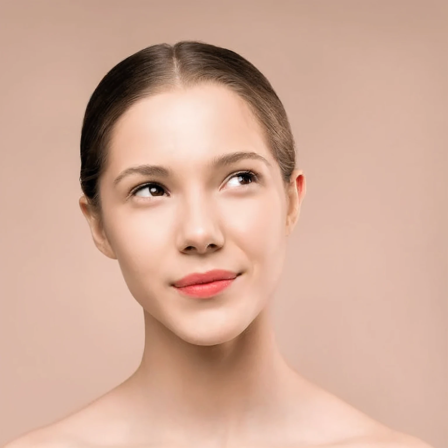 a close up of a woman with a pink lipstick and a brown background, woman with porcelain skin, youthful face, beautiful face and flawless skin, a beautiful young woman, smooth facial features, glowing skin face, beautiful well rounded face, smooth glowing skin, well contoured smooth fair skin, clean perfect symmetrical face, prominent cheekbones, beautiful delicate face