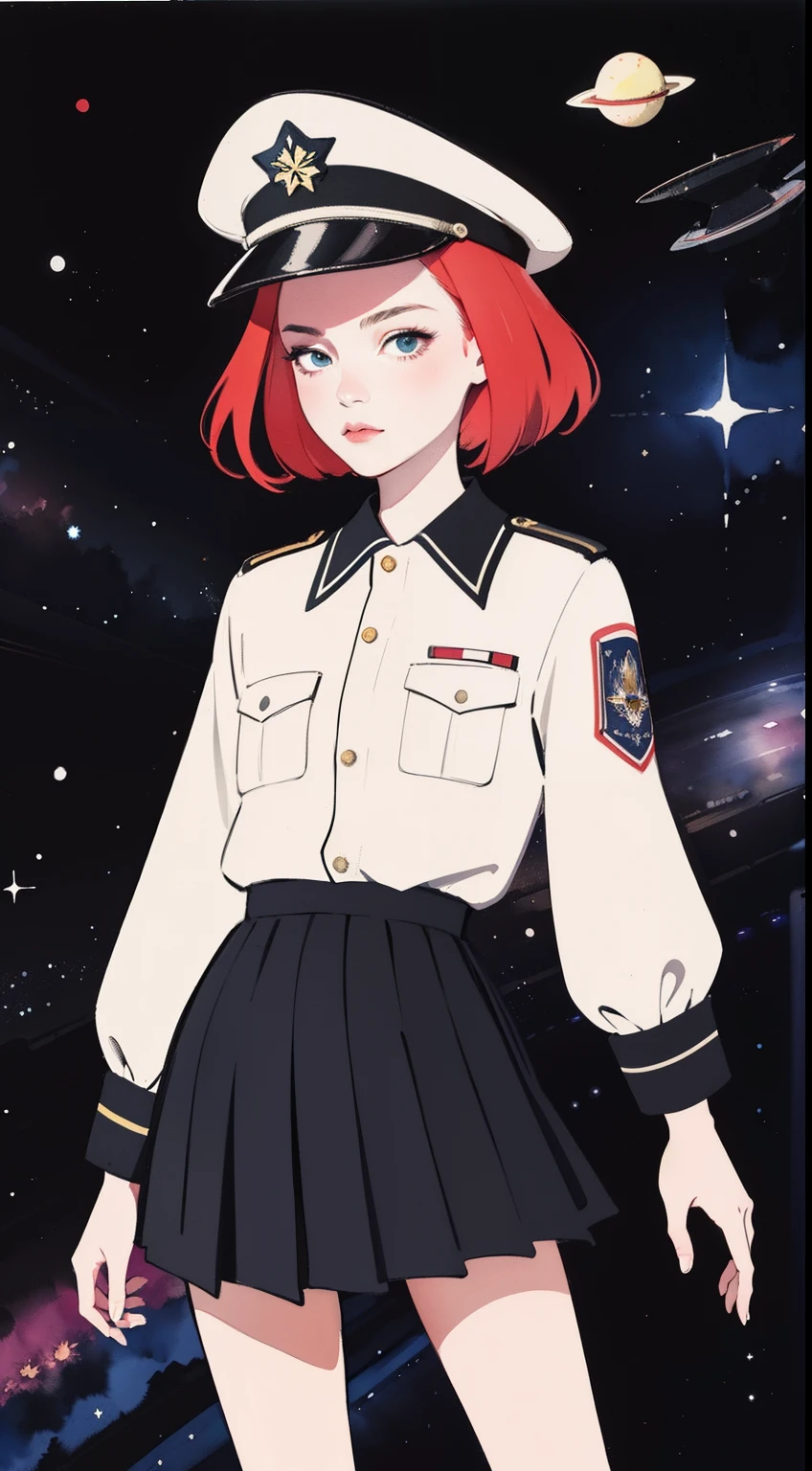 (masterpiece:1.2, best quality), 1girl, 15yo teen, redhead, black military outfit, pleated skirt, military hat, space cadet, space, spaceship in backfround, futuristic, anime minimalist, watercolor