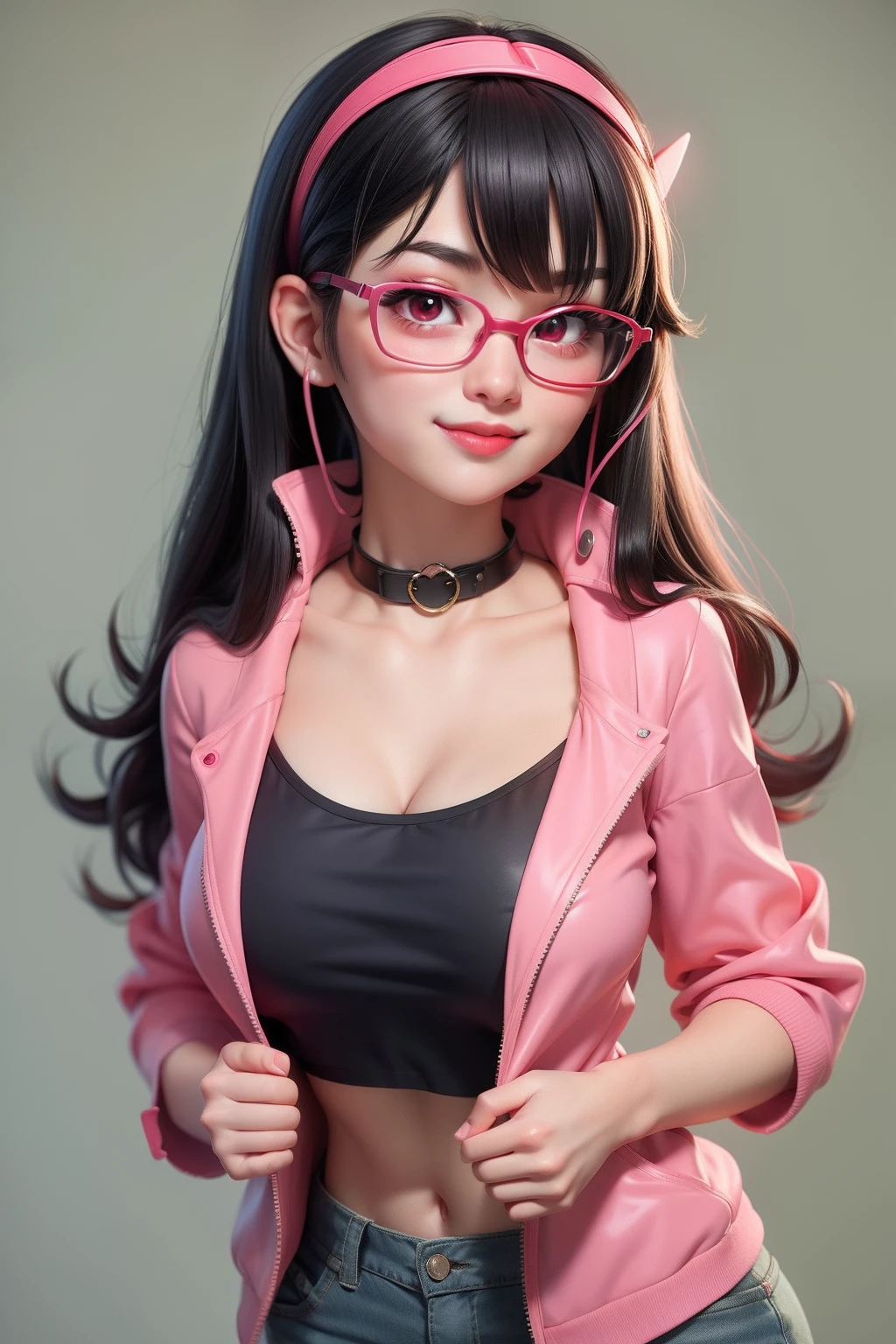 1 kawaii gamer girl, nsfw, japanese girl, solo, bright red eyes, glasses, eyelids, blush, seductive smile, naughty expression, red lips, hair bangs, smooth long hair, black hair, pink ribbon hairband, heart earings, collar, collarbone, sexy body, slim waist, navel, natural medium breast, cleavage, flat chest, cleavage, sexy pink short jacket, erotic pose, looking at viewer, flat green background, upper body