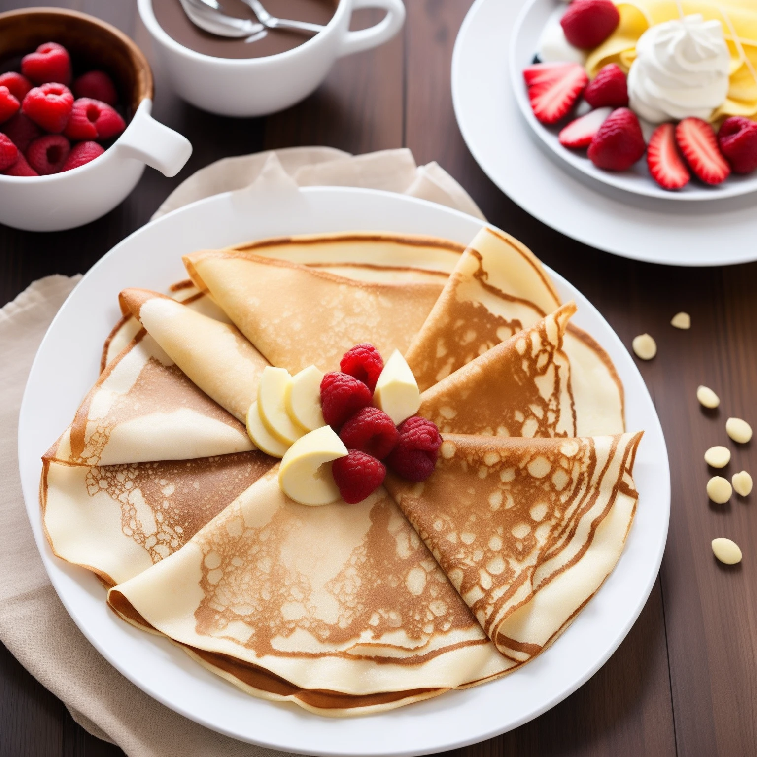 "Generate beautiful images of crepes。Thin and delicate texture of crepes、Sweet toppings、And draw crepes with beautiful shades。"