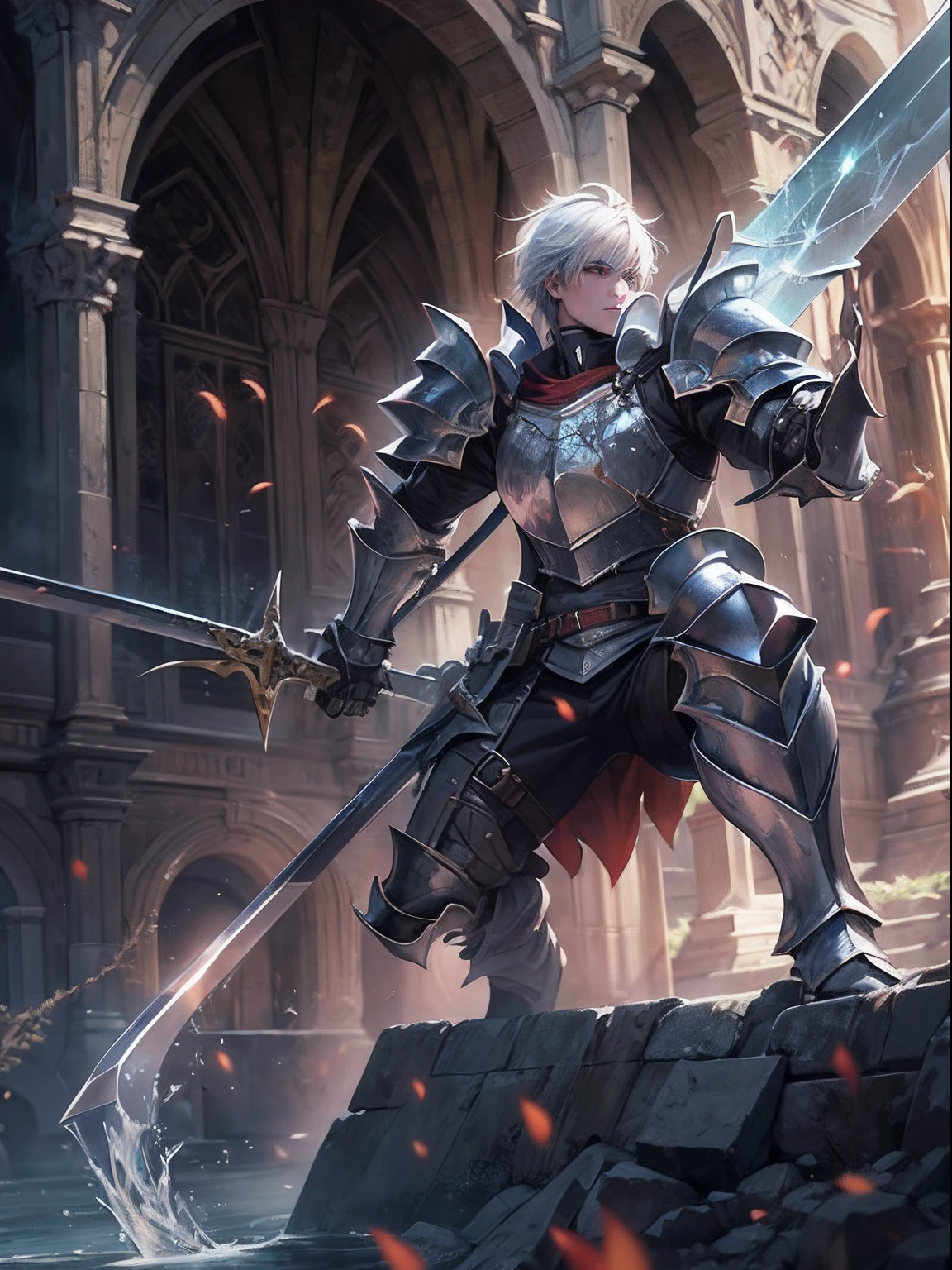 (a teenager male knight in cracked sliver armor), handsome, ((he raise a sword stained with water element)), a giant gate of castle behind him, light from the sky, lots of swords point at the knight, silver hair, black hair, gradient hair, red eyes, darkness aura, chiaroscuro, cinematic lighting, god rays, ray tracing, reflection light, ((close-up)), masterpiece, best quality, high quality, high details, highest, accurate, anatomically correct, textured skin, UHD, 1080P, ((anime))