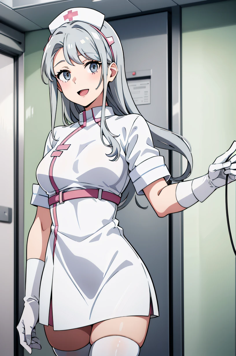 sagiri, grey hair, grey eyes, solo, Nurse, ((White nurse cap, White nurse uniform)), ((White legwear, zettai ryouiki)), White Gloves, Smile, Open mouth, Standing, ((Hospital room)), sharp outline, Short sleeves, Best Quality, masutepiece