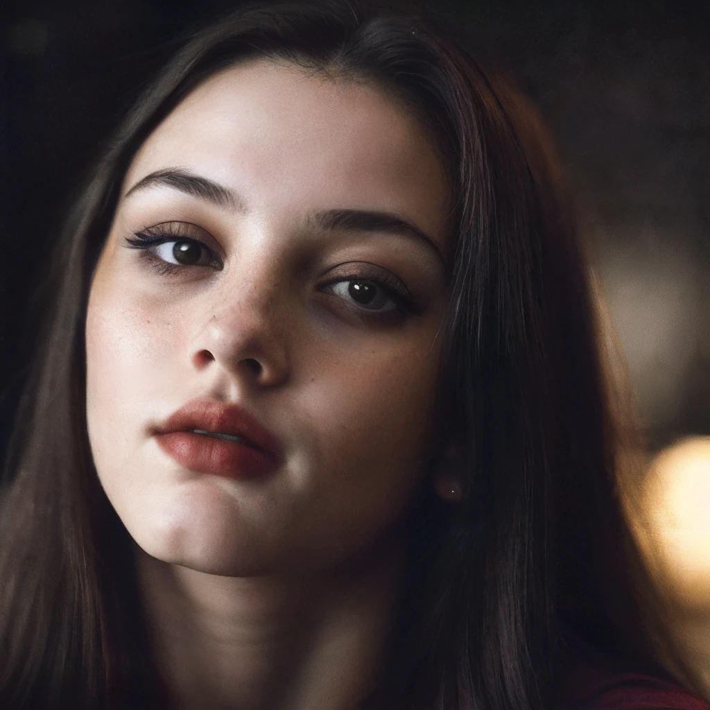 (close-up, editorial photograph of a 21 year old woman), (highly detailed face:1.4) (smile:0.7) (background inside dark, moody, private study:1.3) POV, nikon d850, film stock photograph ,4 kodak portra 400 ,camera f1.6 lens ,rich colors ,hyper realistic ,lifelike texture, dramatic lighting , cinestill 800,